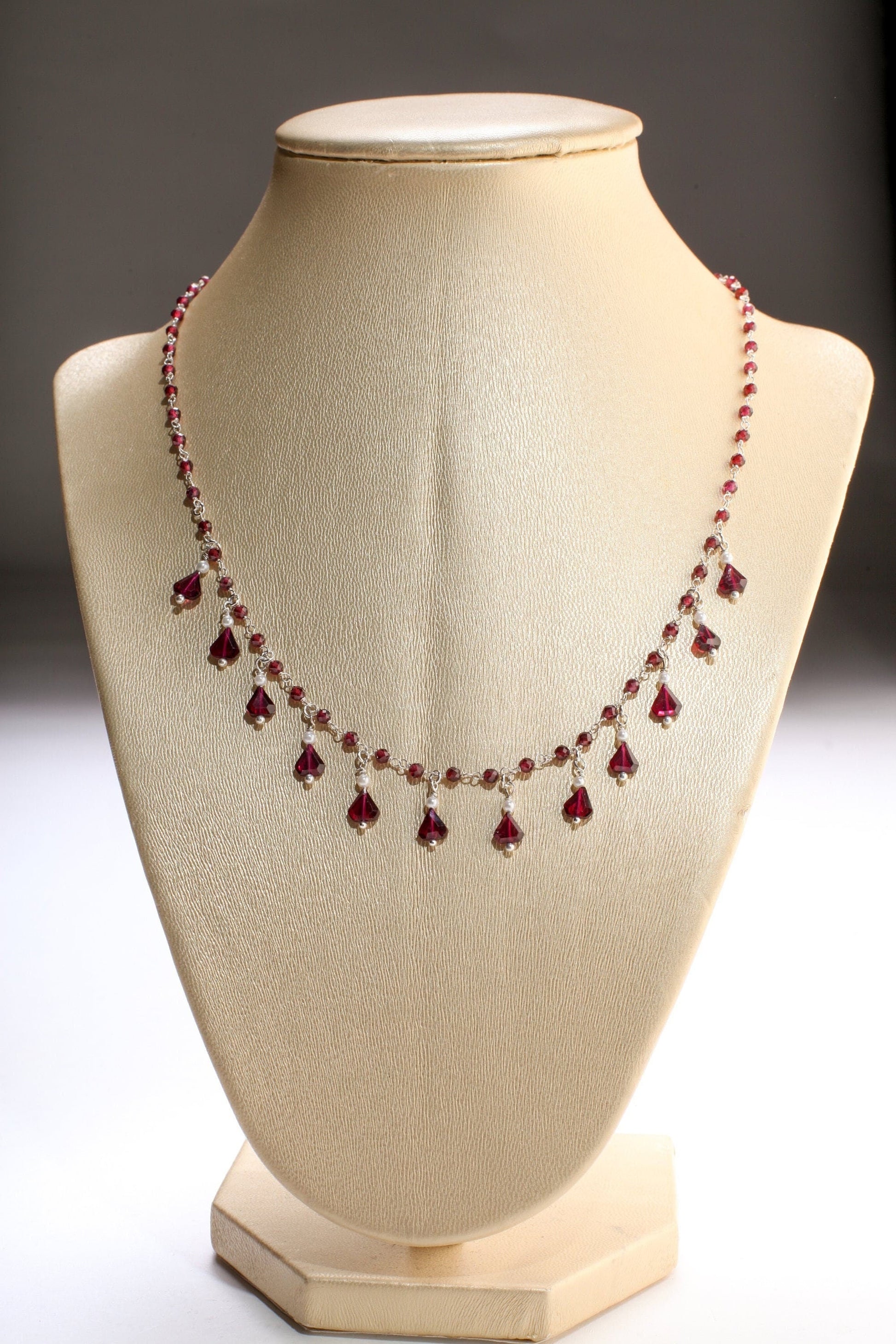 Genuine Garnet Faceted Merlot Red Silver Clusters and Dangling 5x7mm Triangular Garnet Freshwater Pearl 925 Sterling Silver Clasp, Bridal.