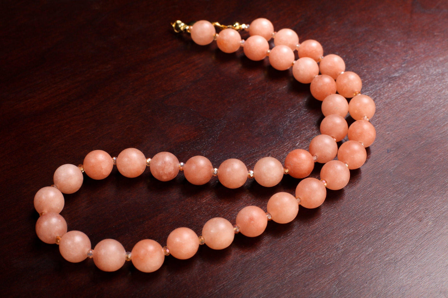 Peach Aventurine Matte 10mm Round Necklace with Salmon Crystal Spacer Beads 18&quot; Gold Necklace