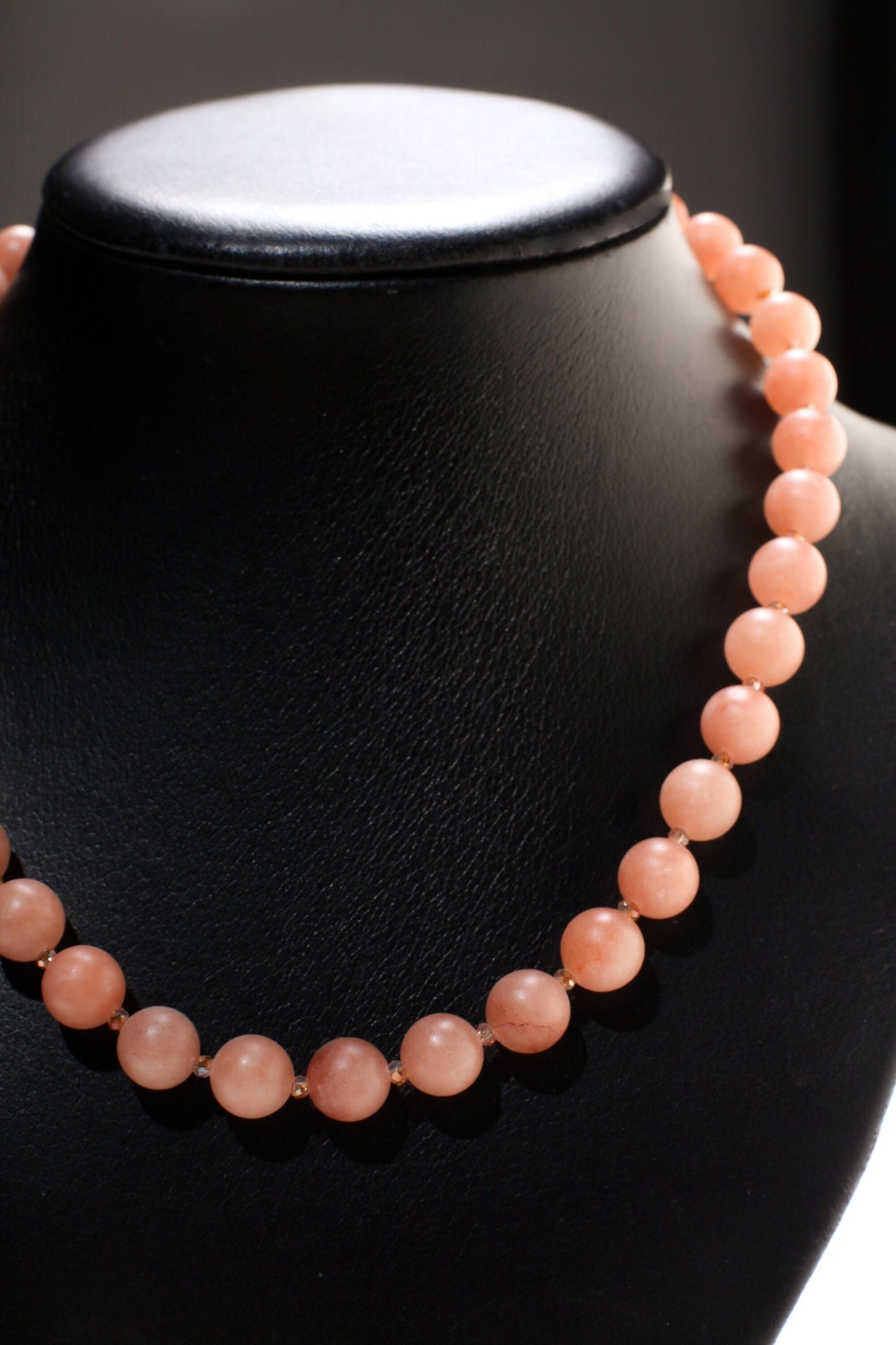 Peach Aventurine Matte 10mm Round Necklace with Salmon Crystal Spacer Beads 18&quot; Gold Necklace