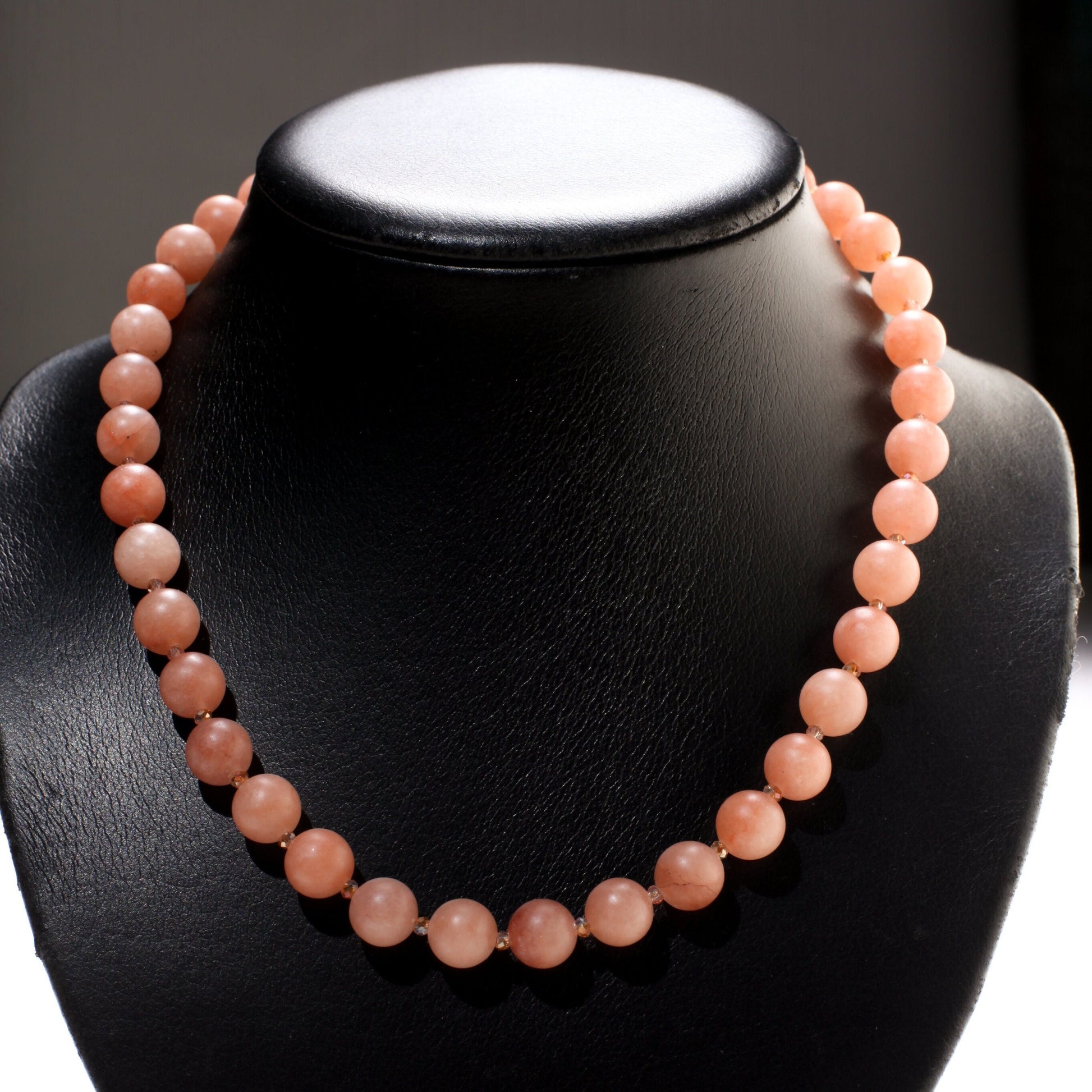 Peach Aventurine Matte 10mm Round Necklace with Salmon Crystal Spacer Beads 18&quot; Gold Necklace