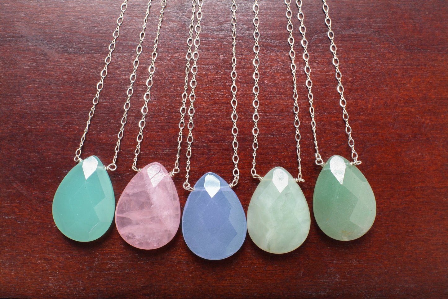 Natural Gemstones Faceted Pear Drop 22x30mm, Aqua Chalcedony,Rose Quartz, Chalcedony, Nephrite Jade, Aventurine in 925 Sterling Silver Chain