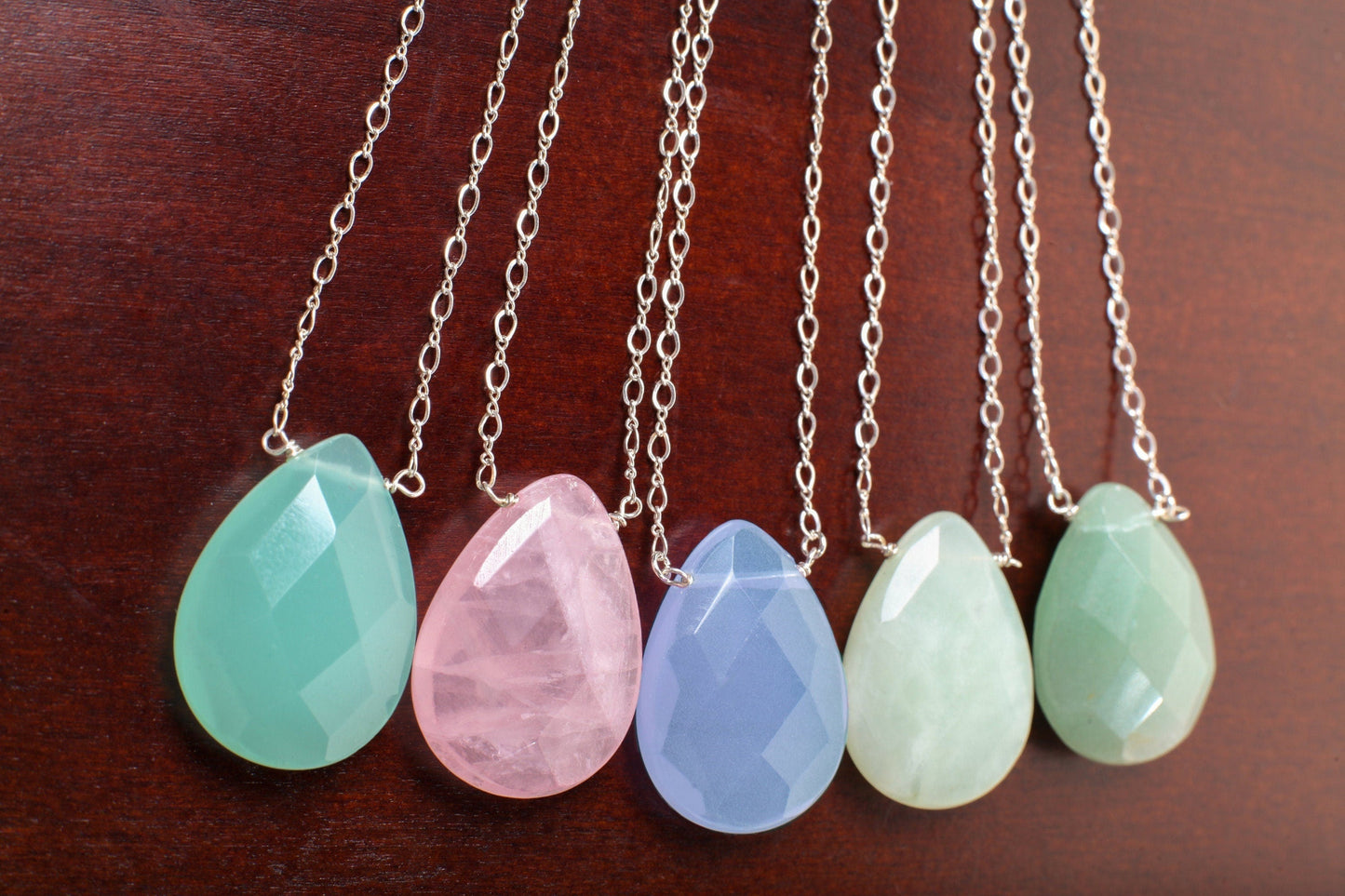 Natural Gemstones Faceted Pear Drop 22x30mm, Aqua Chalcedony,Rose Quartz, Chalcedony, Nephrite Jade, Aventurine in 925 Sterling Silver Chain