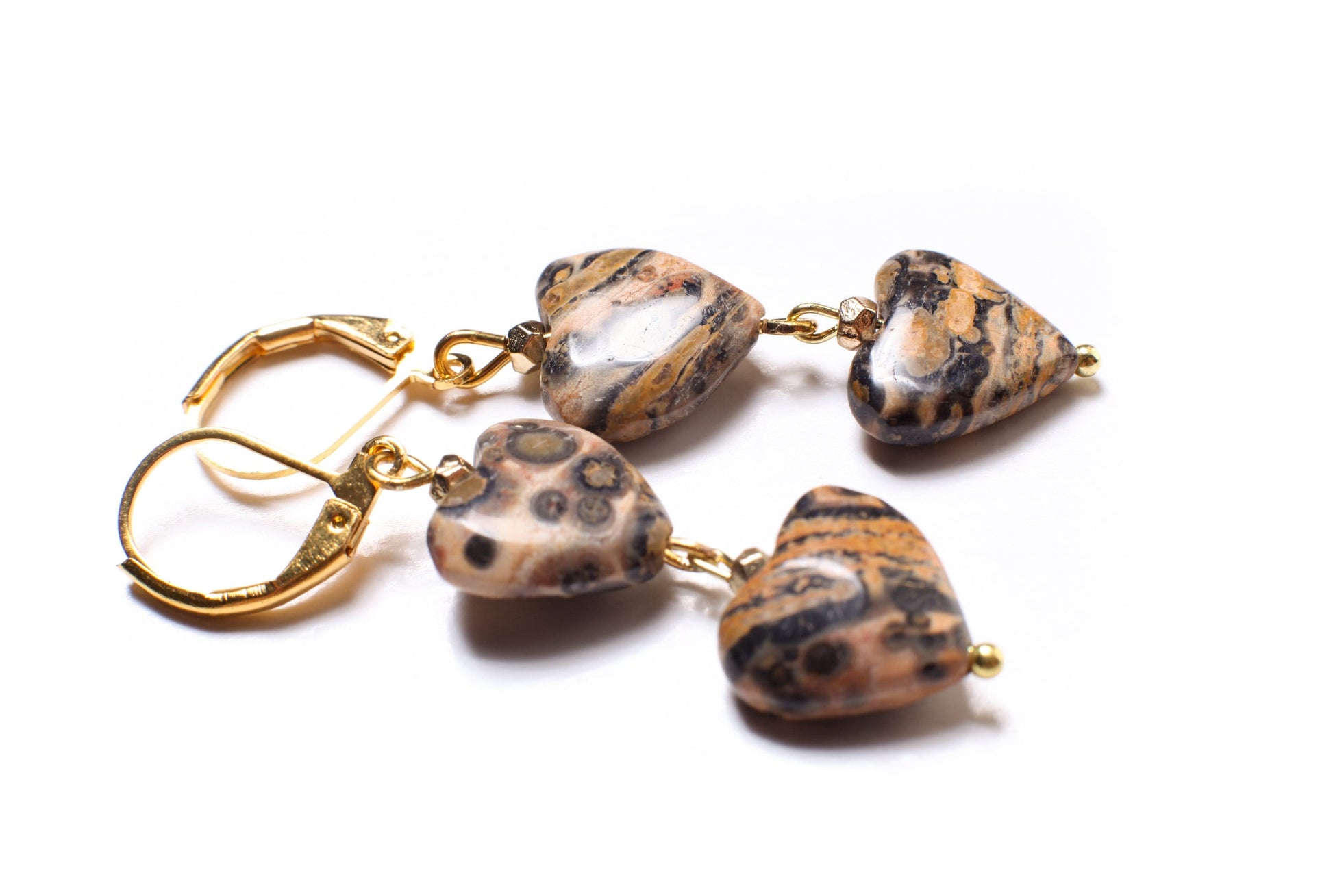 Leopard Skin Jasper 12mm Dangle Hearts, Gold Earrings, Vintage Natural Gemstone Handmade Gift For Her