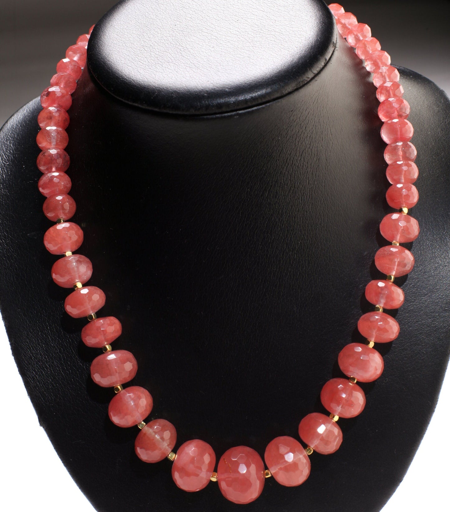 Watermelon Quartz Graduated faceted large 10-20mm Rondelle, Accents with Gold Faceted Spacer Beads 18.5&quot; Necklace.Gift