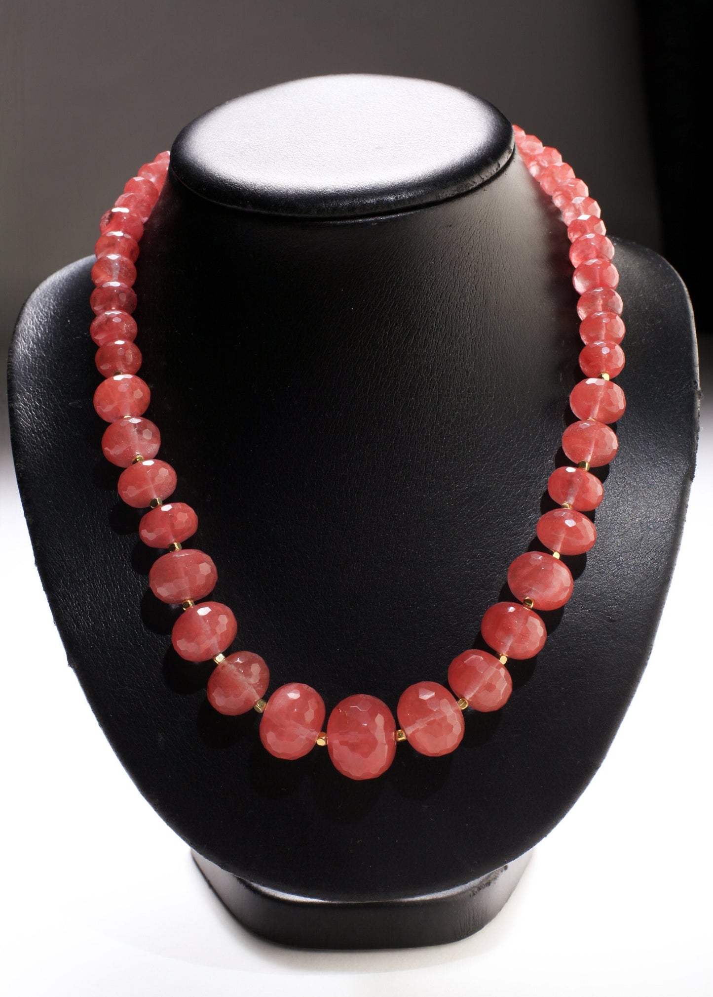 Watermelon Quartz Graduated faceted large 10-20mm Rondelle, Accents with Gold Faceted Spacer Beads 18.5&quot; Necklace.Gift