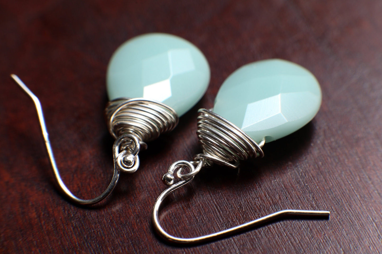 Natural Amazonite Heart Pear 12x16mm Drop Wire Wrapped Earring, Dangling Ammonite in 925 Sterling Silver Ear Wire, Soothing Earring