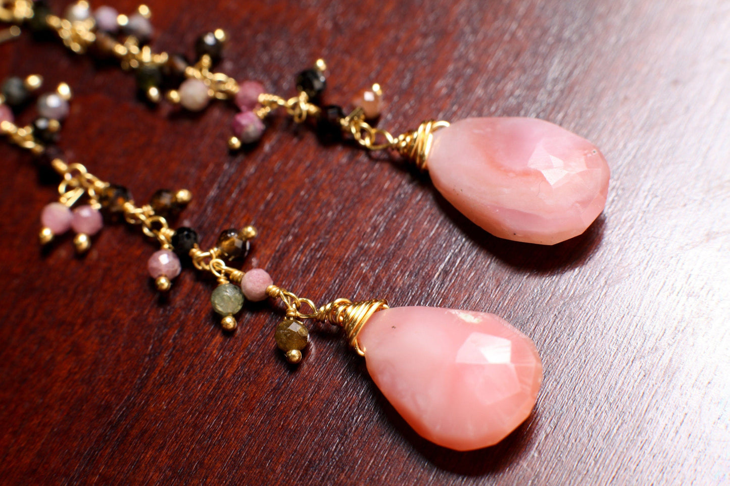 Pink Peruvian Opal Wire Wrapped Teardrop Dangling Earring, Watermelon Tourmaline Cluster Chain in Gold Vermeil Sterling Silver Ear Wire