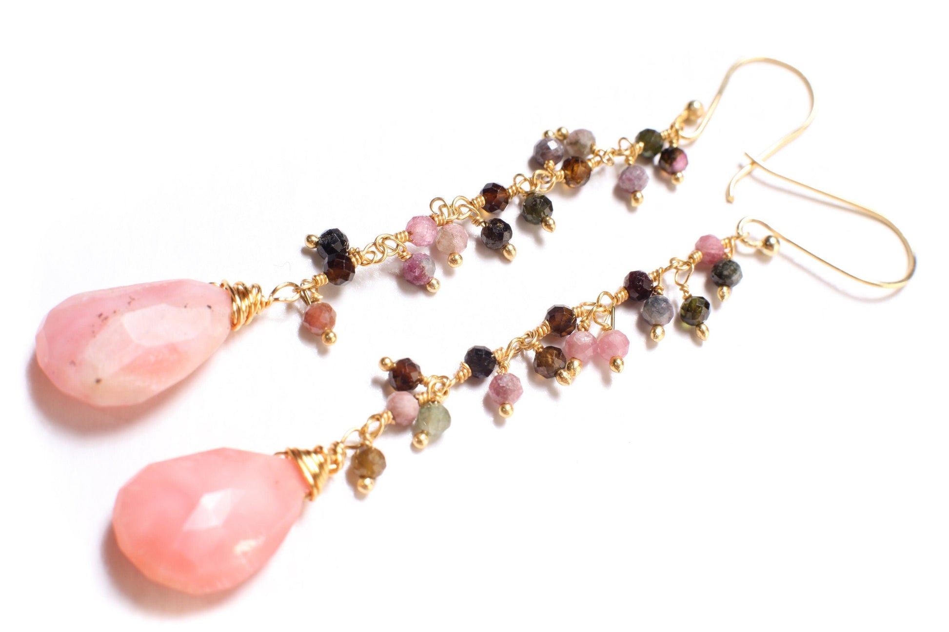 Pink Peruvian Opal Wire Wrapped Teardrop Dangling Earring, Watermelon Tourmaline Cluster Chain in Gold Vermeil Sterling Silver Ear Wire