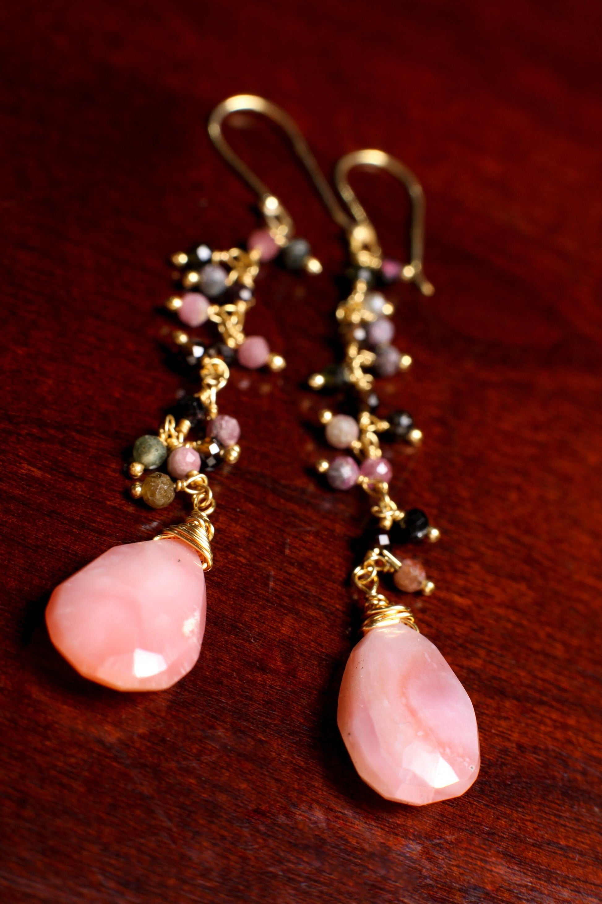 Pink Peruvian Opal Wire Wrapped Teardrop Dangling Earring, Watermelon Tourmaline Cluster Chain in Gold Vermeil Sterling Silver Ear Wire