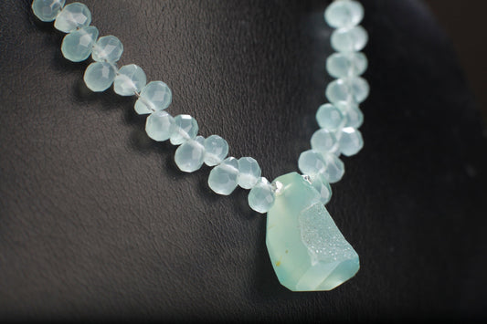 Natural Chalcedony Briolette Faceted Drop Accent with Stunning Chalcedony Raw Druzy Geode Pendant, 17&quot; Rhodium Necklace 2&quot; Extension Chain