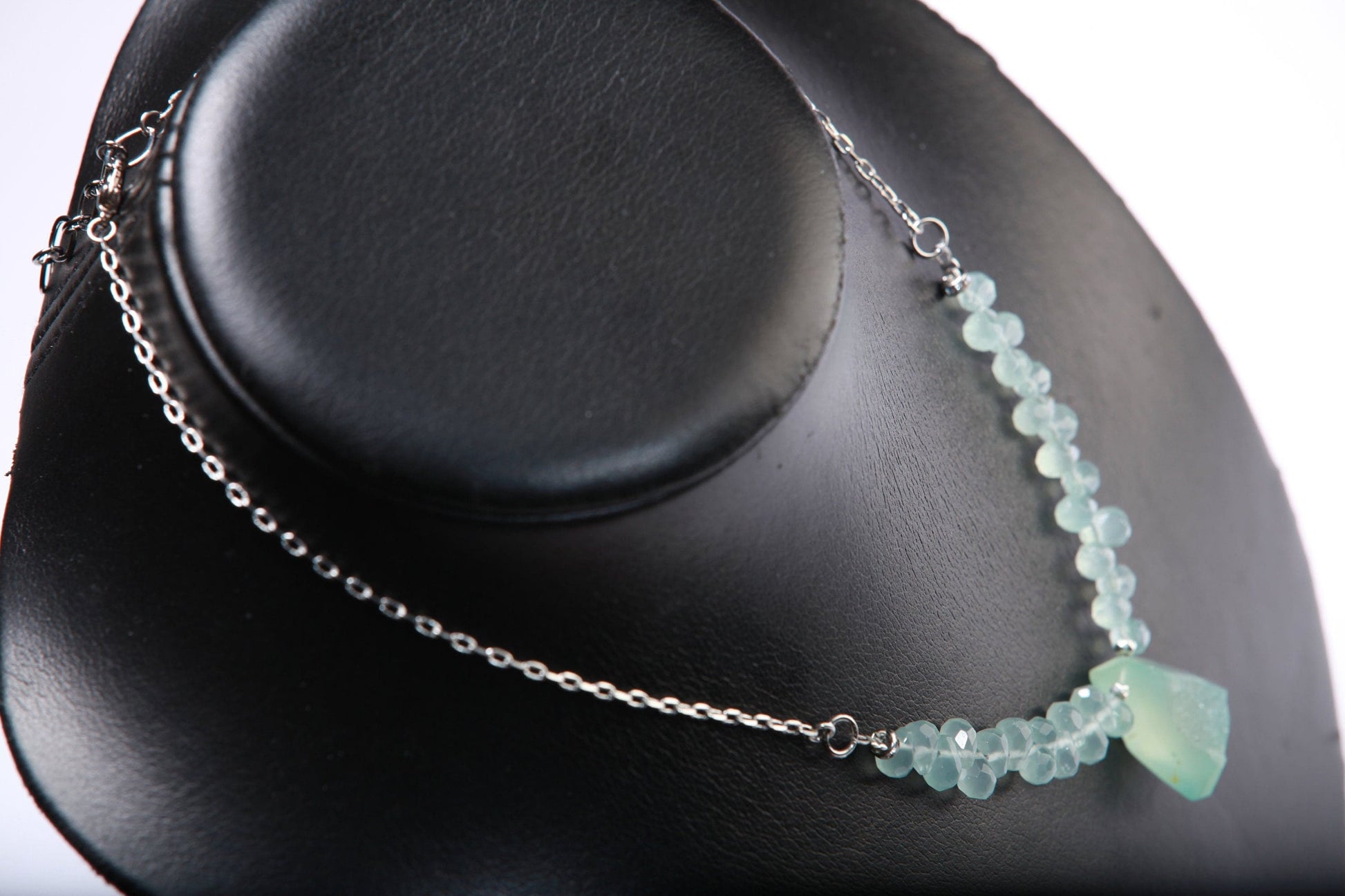 Natural Chalcedony Briolette Faceted Drop Accent with Stunning Chalcedony Raw Druzy Geode Pendant, 17&quot; Rhodium Necklace 2&quot; Extension Chain