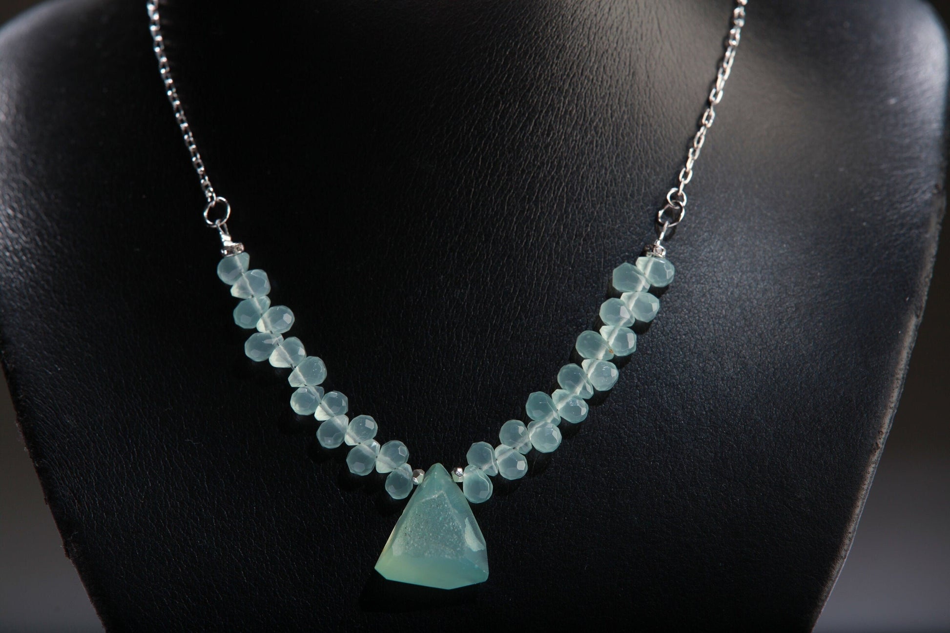 Natural Chalcedony Briolette Faceted Drop Accent with Stunning Chalcedony Raw Druzy Geode Pendant, 17&quot; Rhodium Necklace 2&quot; Extension Chain
