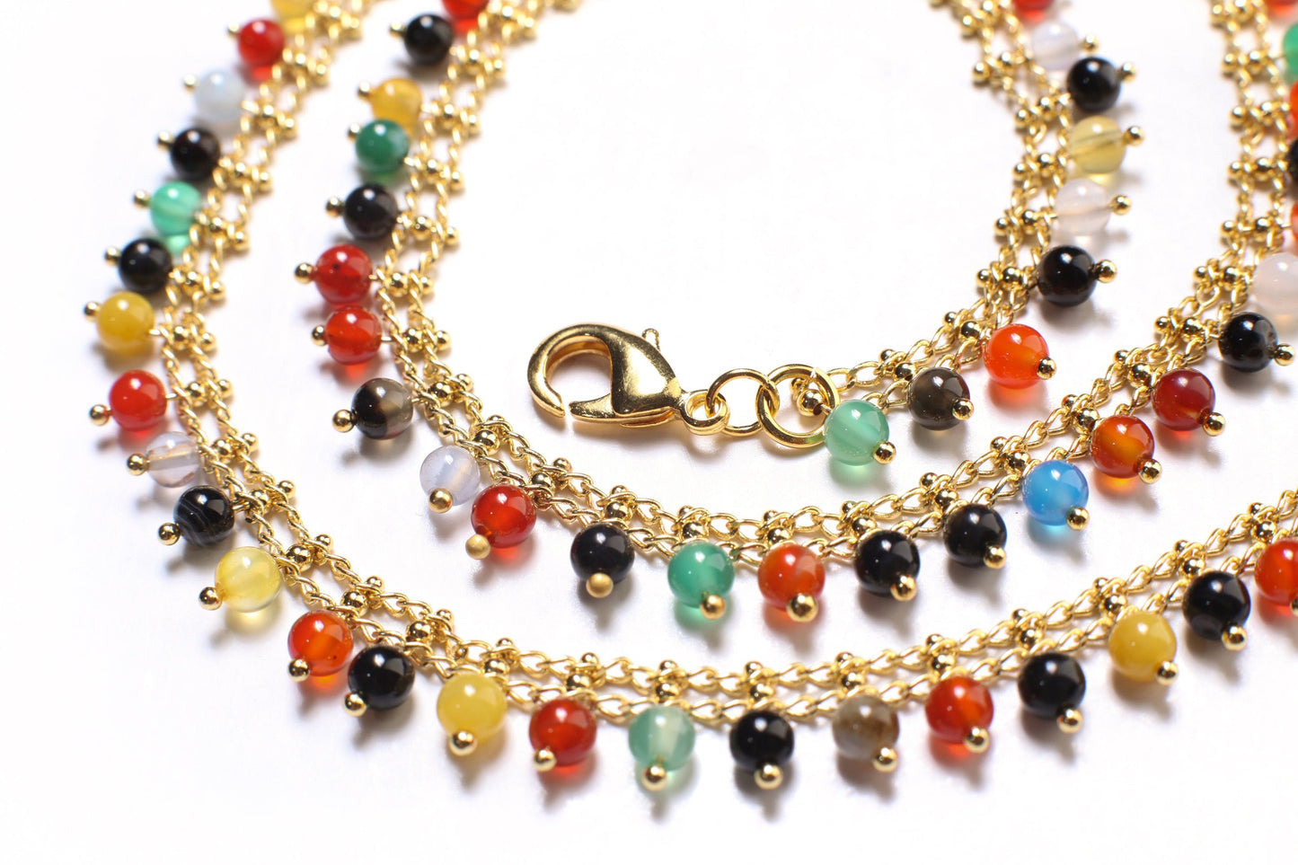 Natural multi gemstone Carnelian,Green Onyx,Blue Agate, Honey Jade, Black Onyx,Chalcedony Gemstones Dangling Gold Rosary Chain Necklace