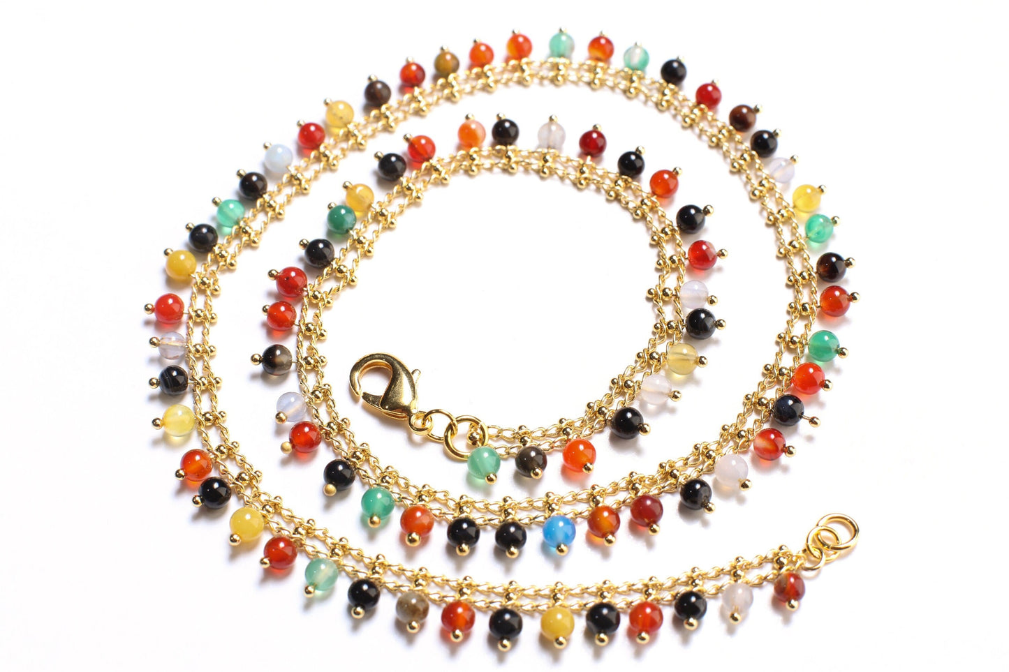 Natural multi gemstone Carnelian,Green Onyx,Blue Agate, Honey Jade, Black Onyx,Chalcedony Gemstones Dangling Gold Rosary Chain Necklace