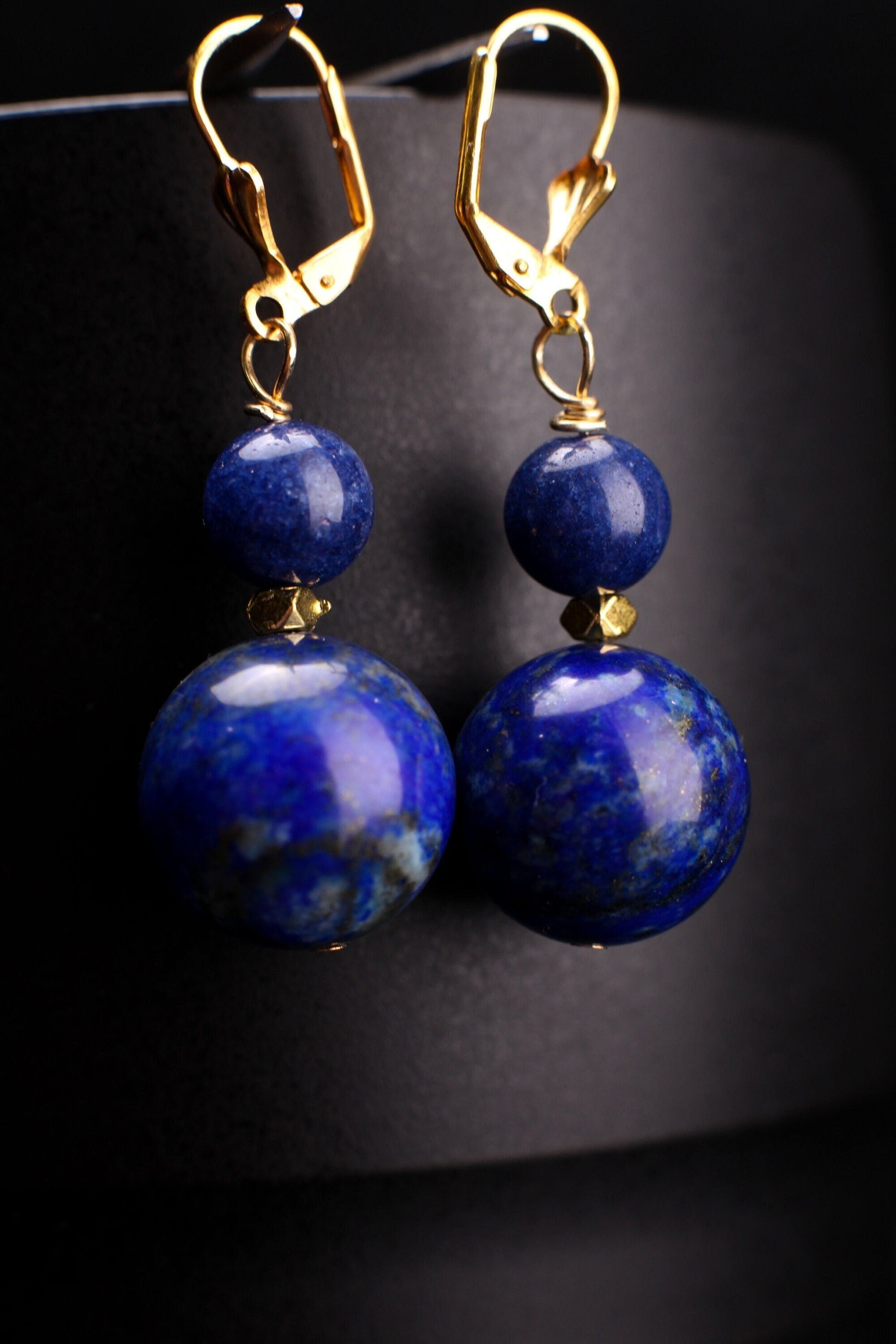 Lapis Lazuli Smooth Round 16mm Wire Wrapped with Bali Gold Faceted Spacer Silver, Gold Leverback Earrings