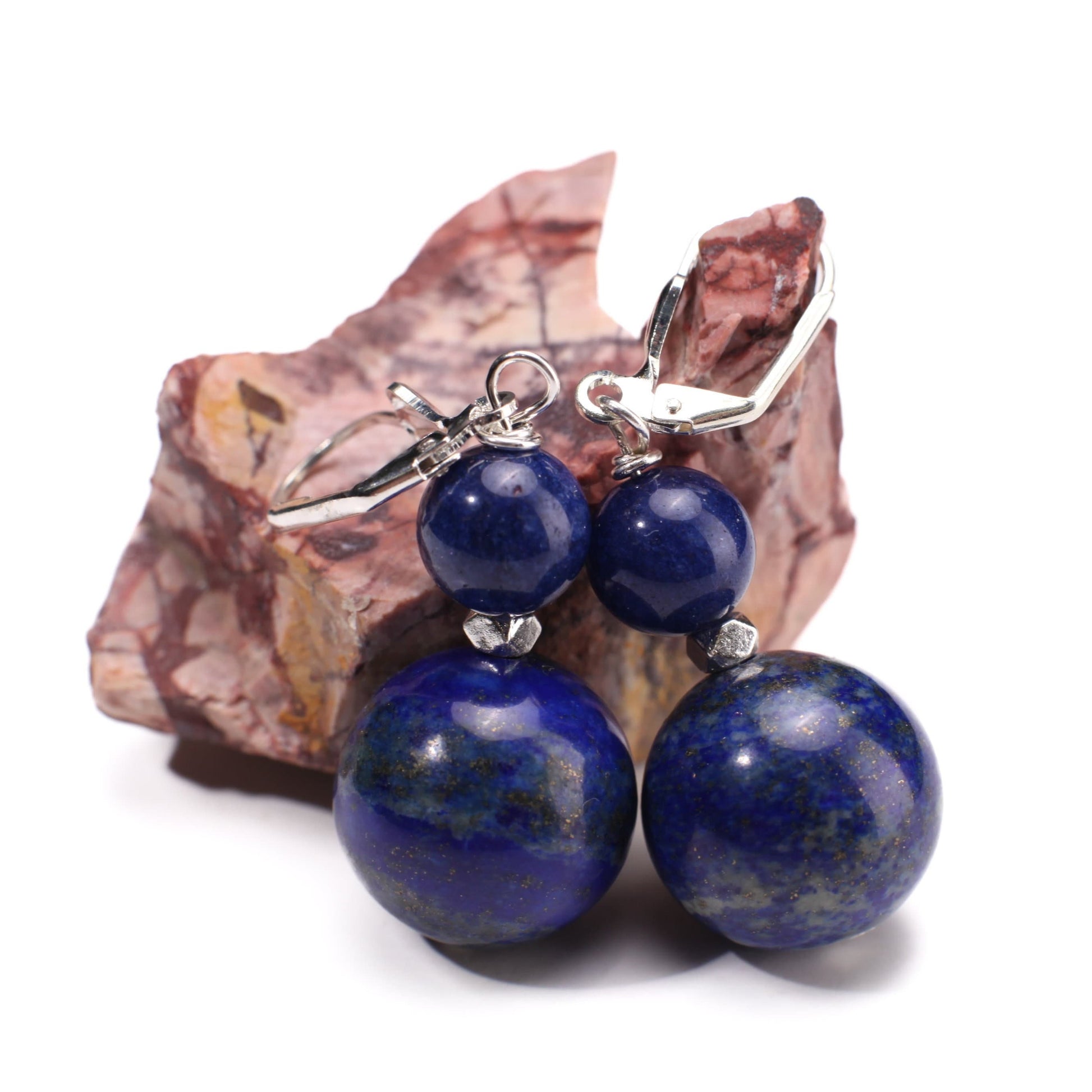 Lapis Lazuli Smooth Round 16mm Wire Wrapped with Bali Gold Faceted Spacer Silver, Gold Leverback Earrings
