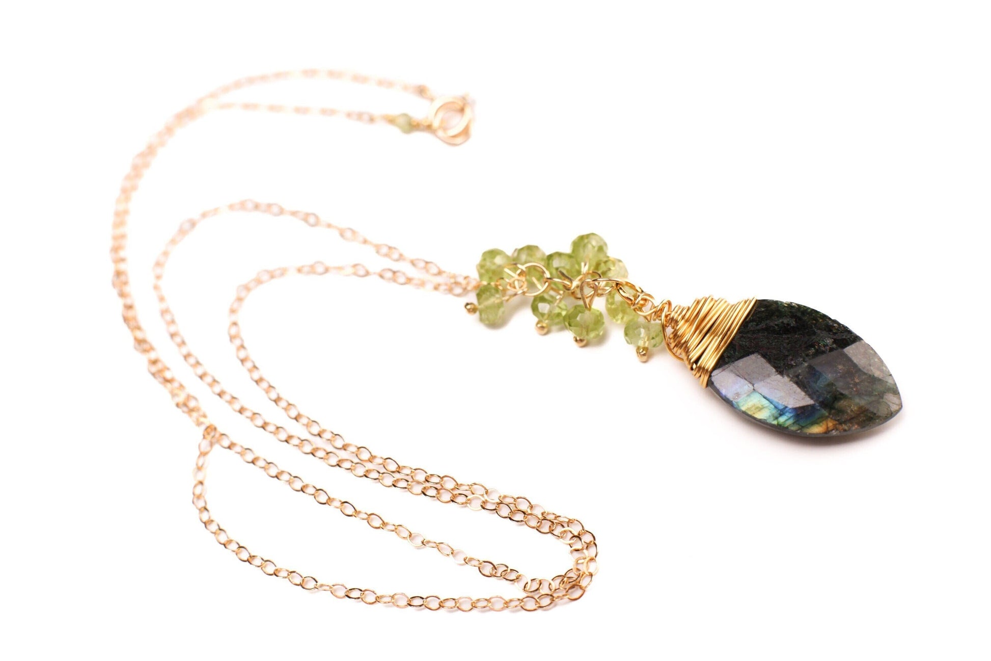 Labradorite Blue Green Flash Faceted Marquise cut Drop 13x24mm, Wire Wrapped Faceted 4mm Peridot Clusters in 14K Gold Filled Clasp and Chain