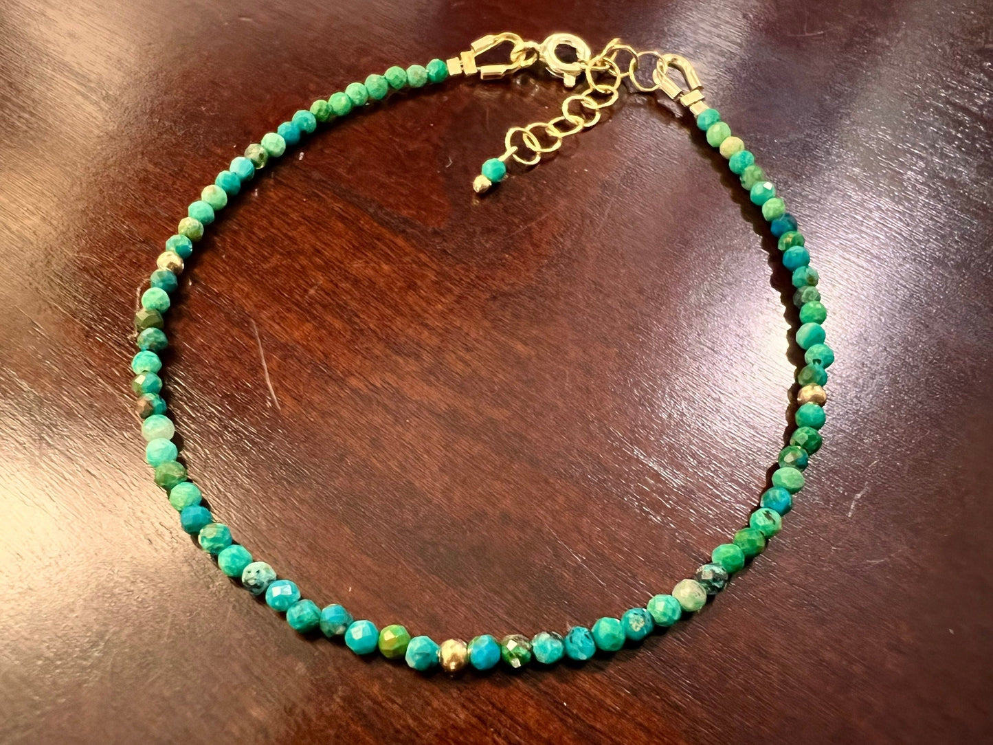 Natural Chrysocolla 2mm micro faceted 14k Gold filled Bracelet with 1” extensions,Precious Gemstones gift .