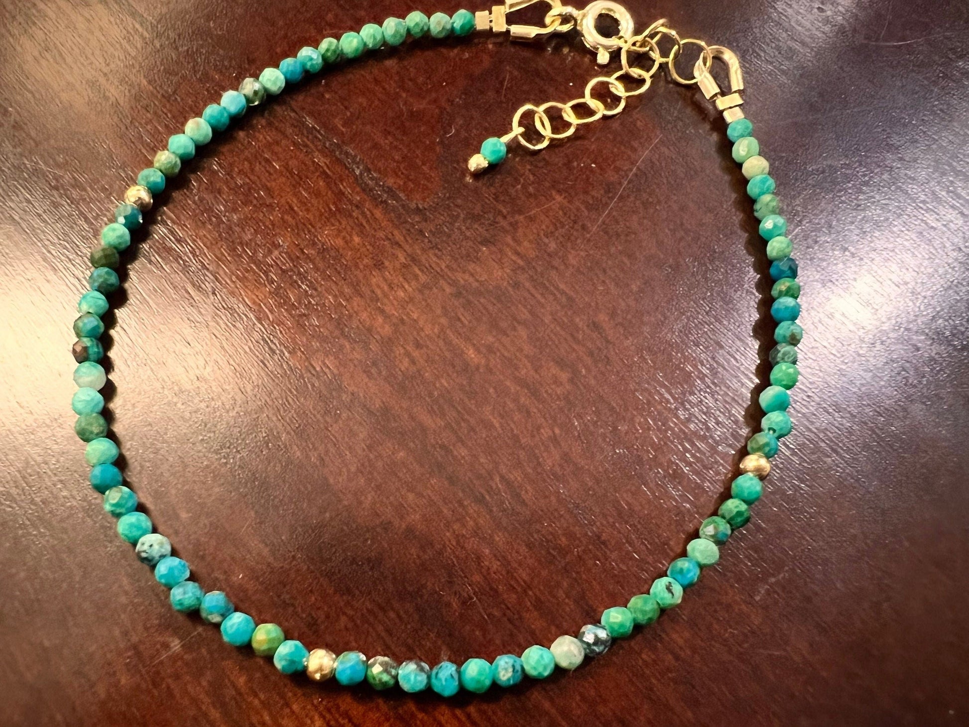 Natural Chrysocolla 2mm micro faceted 14k Gold filled Bracelet with 1” extensions,Precious Gemstones gift .