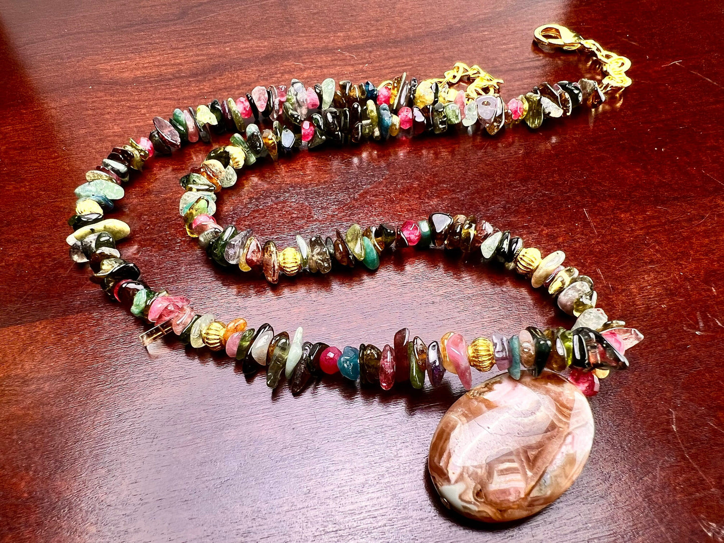 Natural Rhodochrosite 18x25mm Oval pendant, Multi Tourmaline raw nugget chips, Gold Necklace 16" with 2" Extension Chain healing energy gif