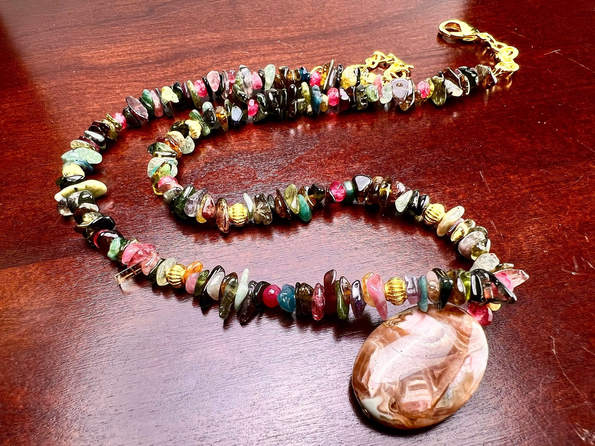 Natural Rhodochrosite 18x25mm Oval pendant, Multi Tourmaline raw nugget chips, Gold Necklace 16" with 2" Extension Chain healing energy gif