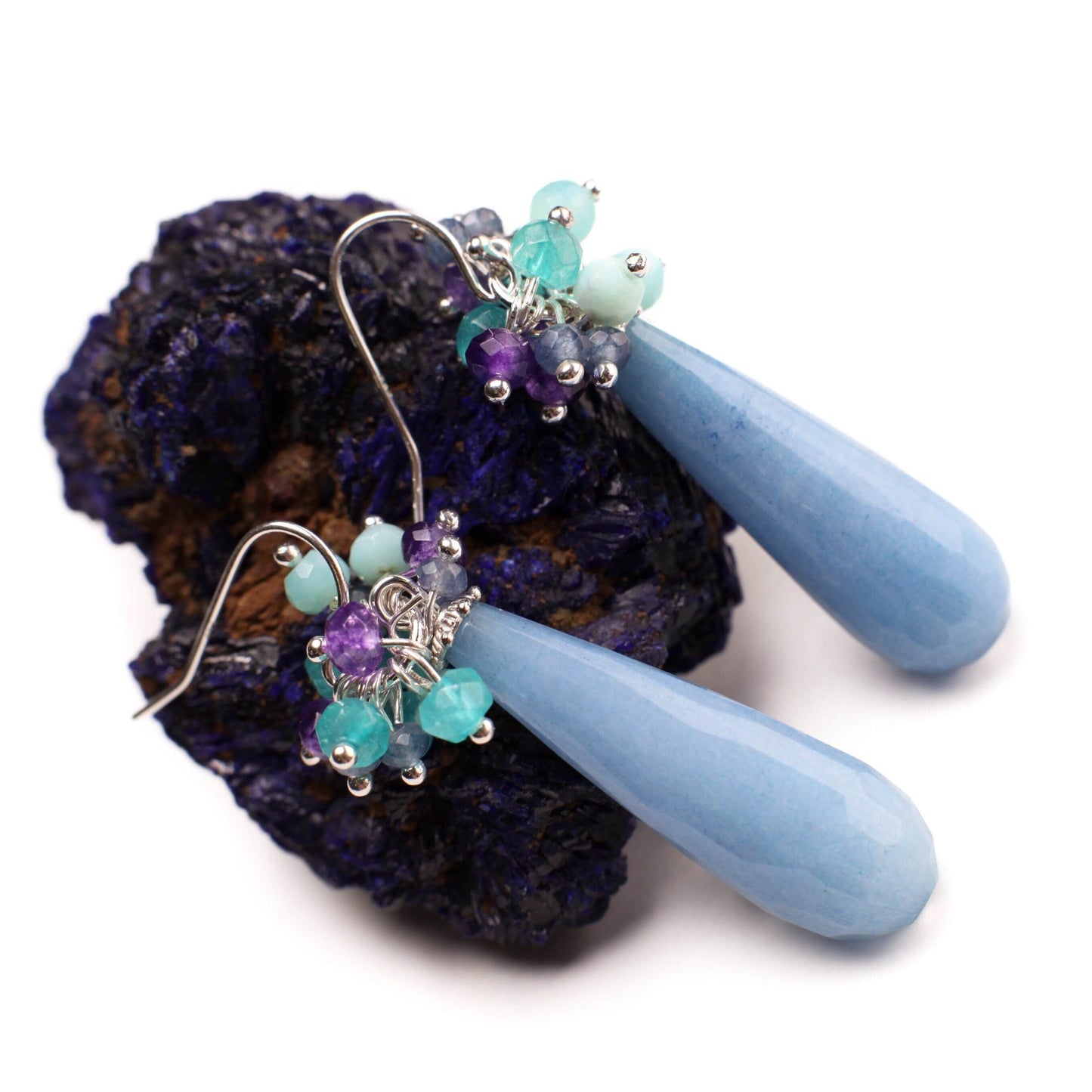 Amethyst, Apatite, Blue Opal, Tanzanite Clusters Dangling with Chalcedony Jade Long Briolette Wire Wrapped in 925 Sterling Silver Ear wire