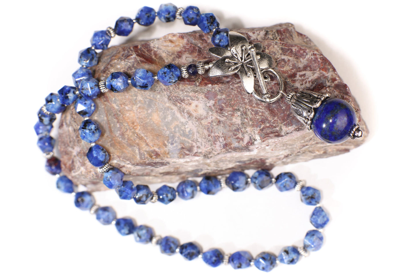 Lapis Lazuli Fancy Cap Pendant with Sodalite Faceted Hexagon Necklace Accented with Bali Style bead and Flower Toggle necklace