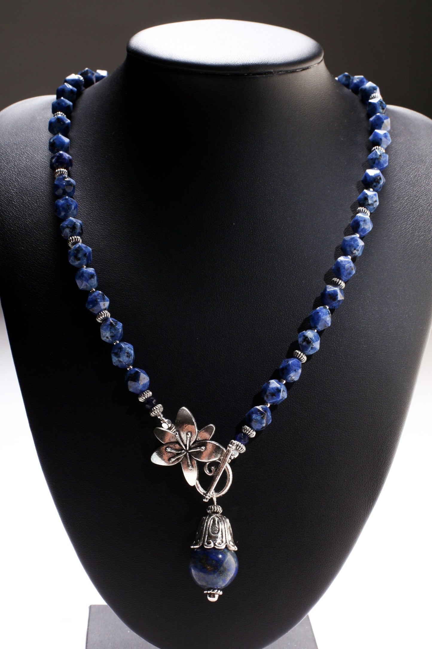 Lapis Lazuli Fancy Cap Pendant with Sodalite Faceted Hexagon Necklace Accented with Bali Style bead and Flower Toggle necklace