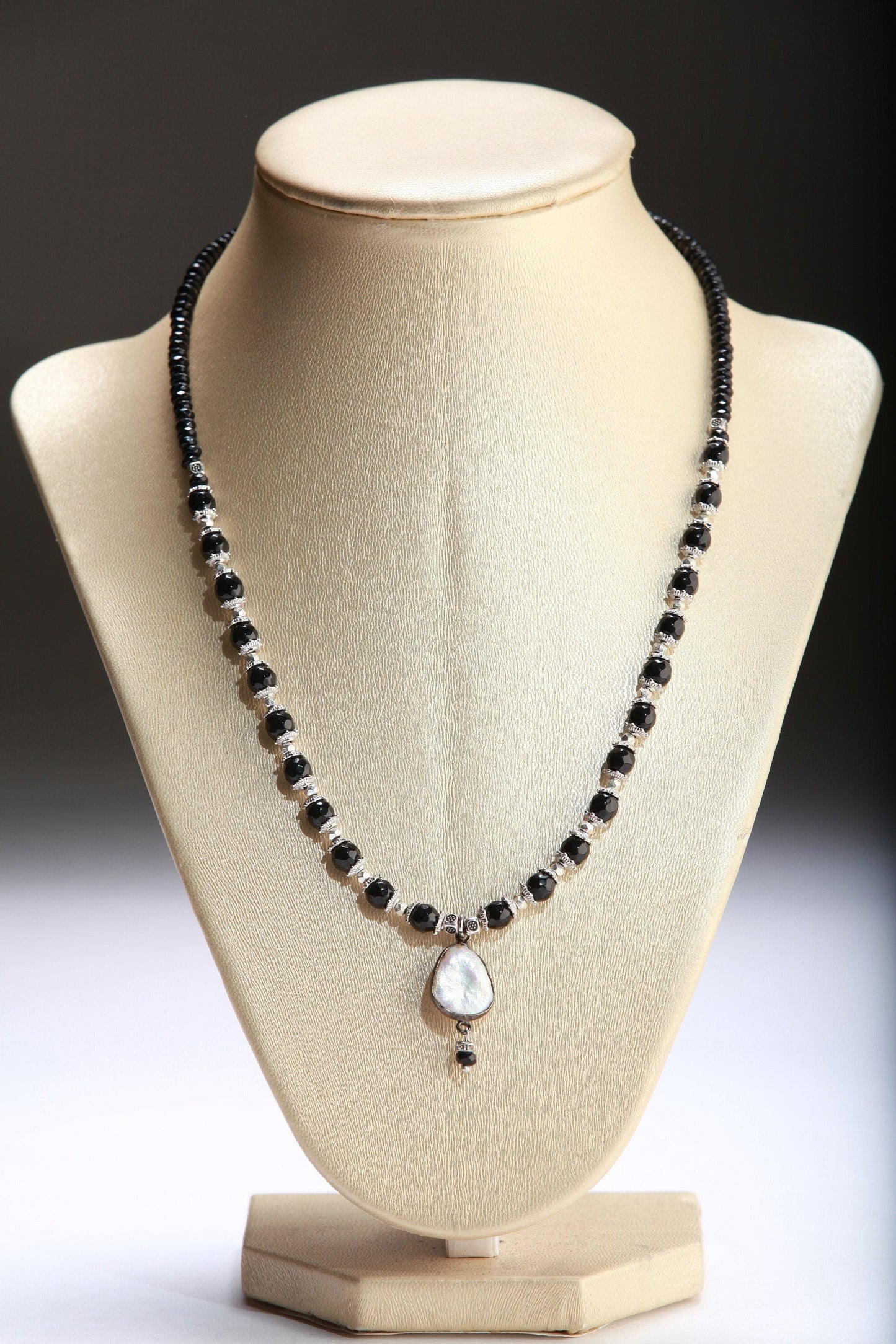 Pearl Necklace Black Onyx Faceted Gemstone Round and Roundel with 13x15mm Freshwater Pearl Centerpiece Teardrop Focal Statement Necklace