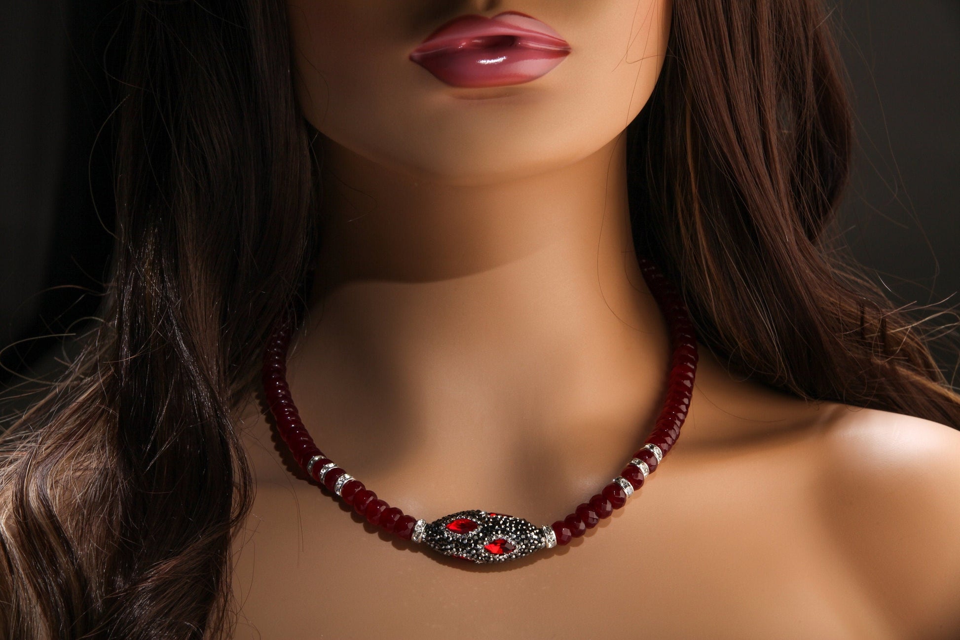 Ruby Jade Faceted Roundel with Rhinestone Oval Crystal Pendant 17.75" Necklace with 2" Extension Chain