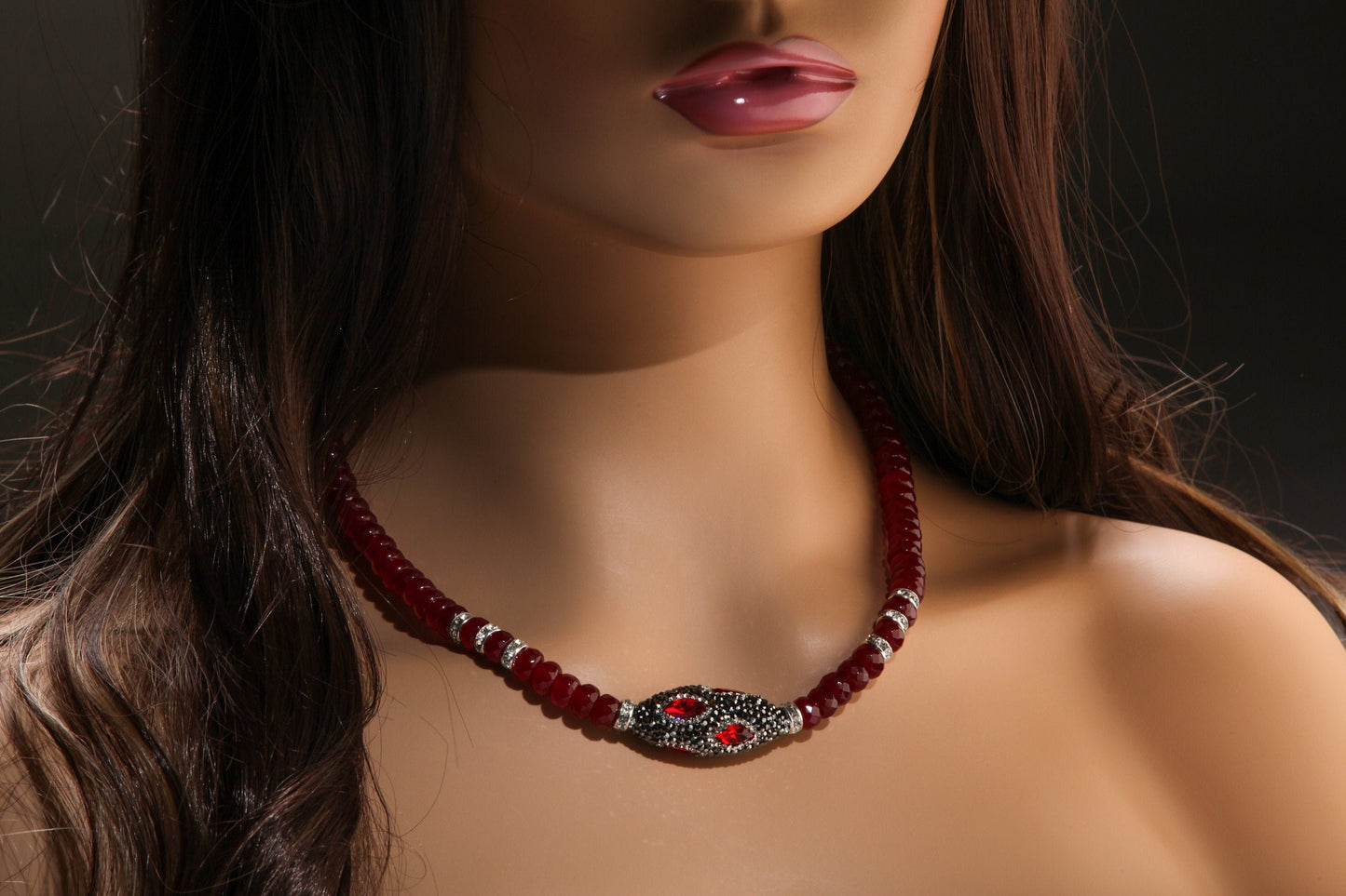 Ruby Jade Faceted Roundel with Rhinestone Oval Crystal Pendant 17.75" Necklace with 2" Extension Chain