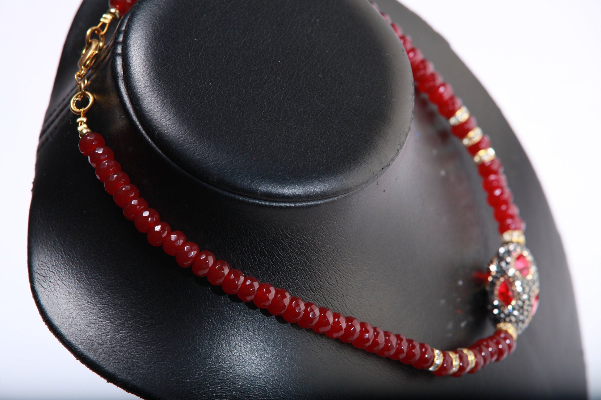Ruby Jade Faceted Roundel with Rhinestone Oval Crystal Pendant 17.75" Necklace with 2" Extension Chain