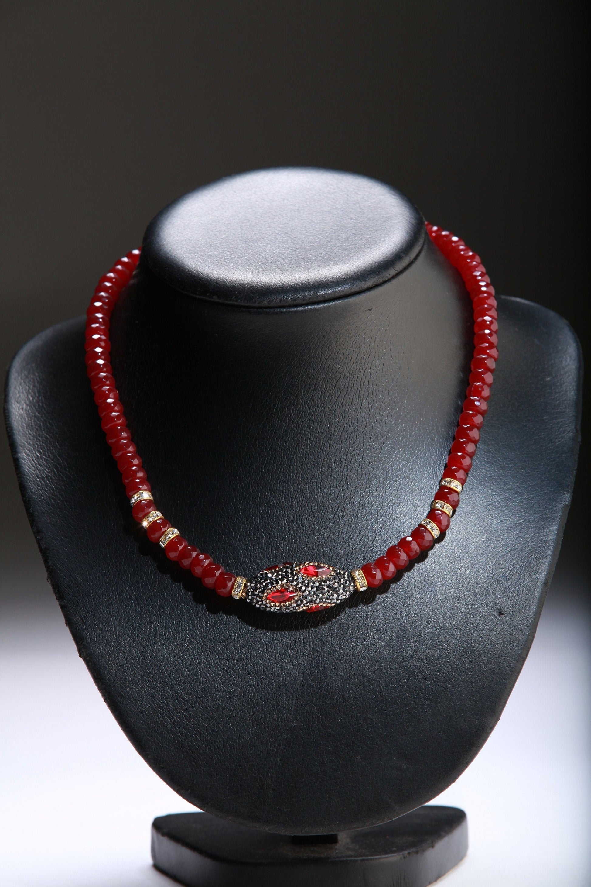 Ruby Jade Faceted Roundel with Rhinestone Oval Crystal Pendant 17.75" Necklace with 2" Extension Chain