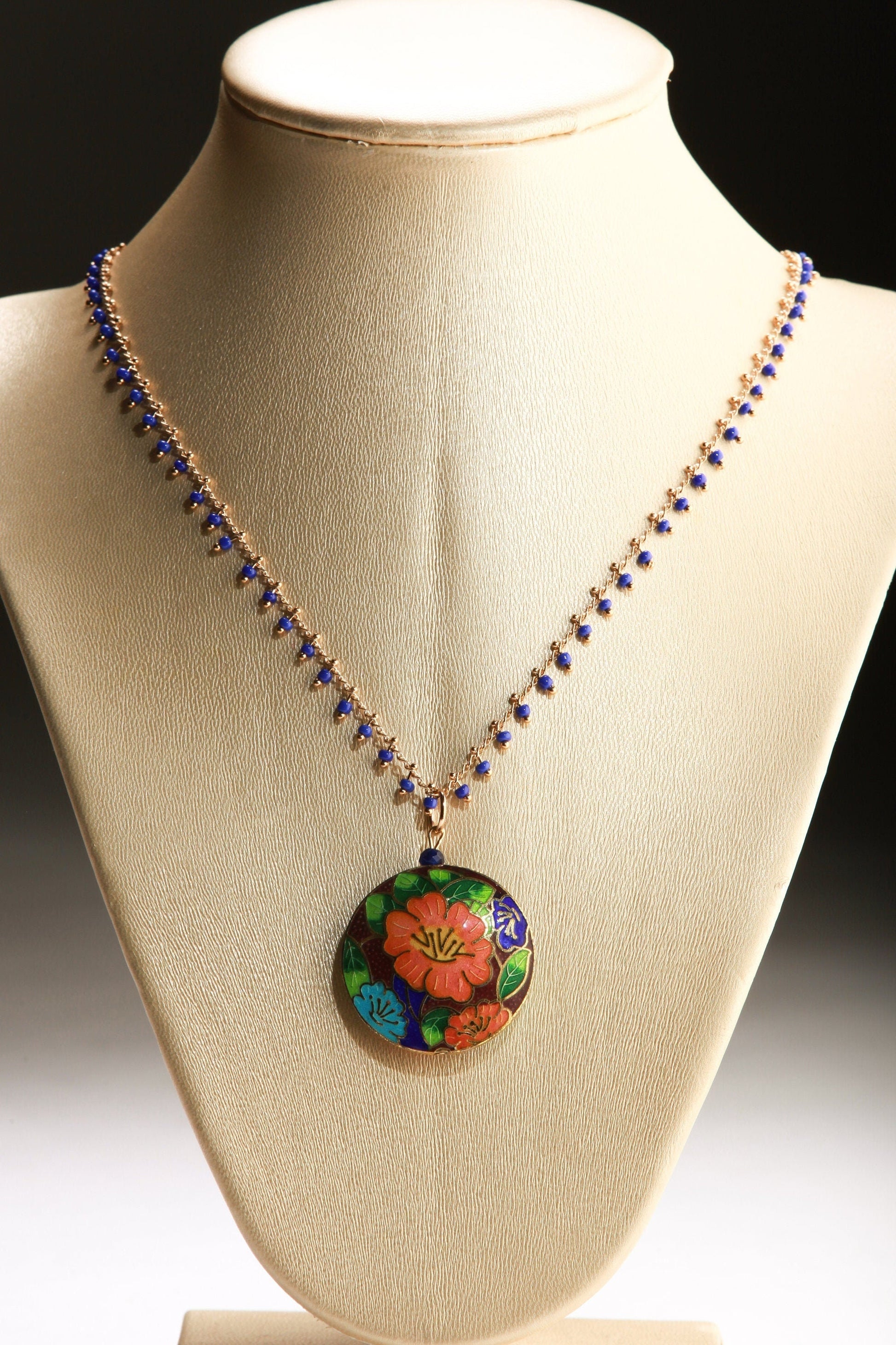 Traditional Cloisonné Pendant Double Sided Vintage Floral Flowers Pink Focal with Beaded Chain Necklace 20&quot;