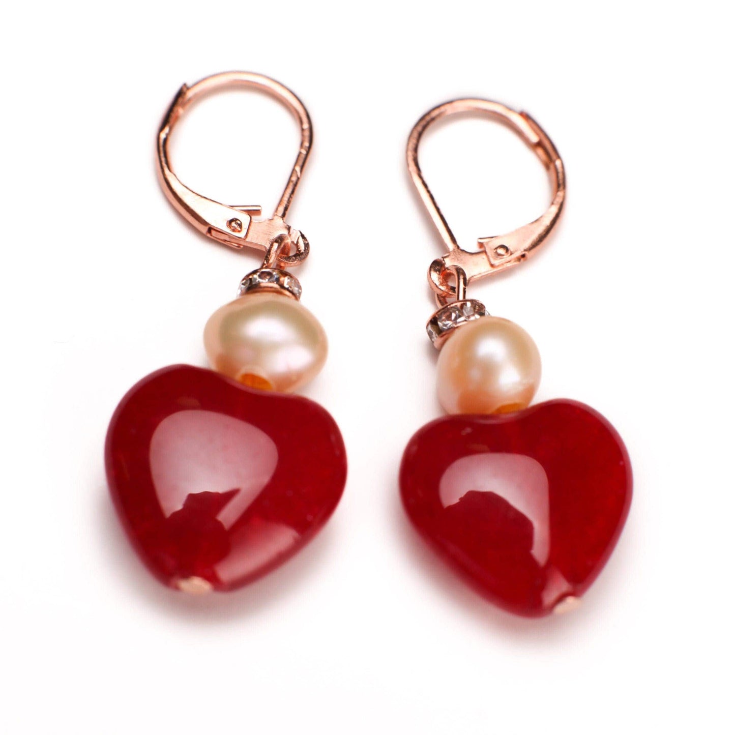 Ruby Jade 15mm Heart, Freshwater Pearl Spacers Dangle Rose Gold Leverback Earrings, Vintage Natural Gemstone Handmade Gift For Her