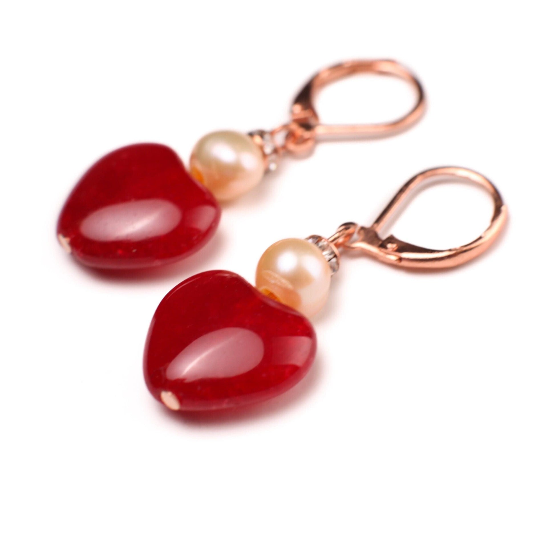 Ruby Jade 15mm Heart, Freshwater Pearl Spacers Dangle Rose Gold Leverback Earrings, Vintage Natural Gemstone Handmade Gift For Her