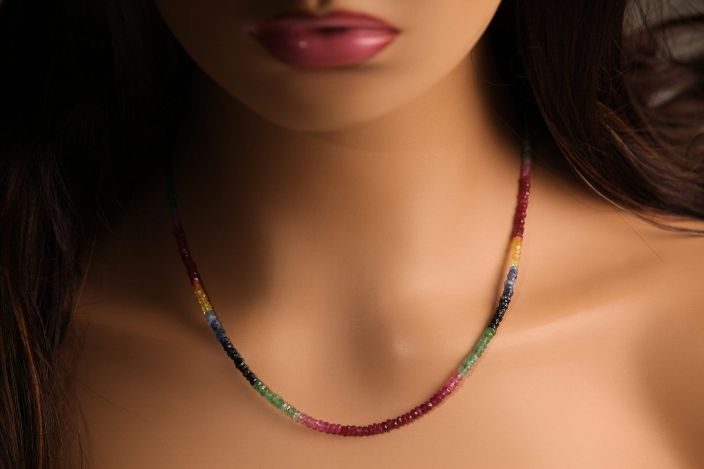 Natural Multi Sapphire, Ruby, Emerald AAA Faceted 3-3.5mm Rondelle Multi Precious Gemstone in 925 Sterling Silver, 14K Gold Filled Necklace