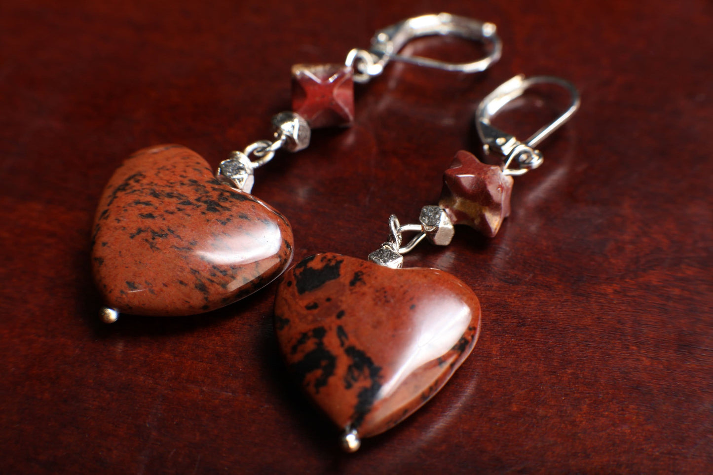 Mahogany Obsidian 20mm Large Heart, accent Poppy Jasper Star on top, Leverback Earrings, Vintage Natural Gemstone Handmade Gift For Her