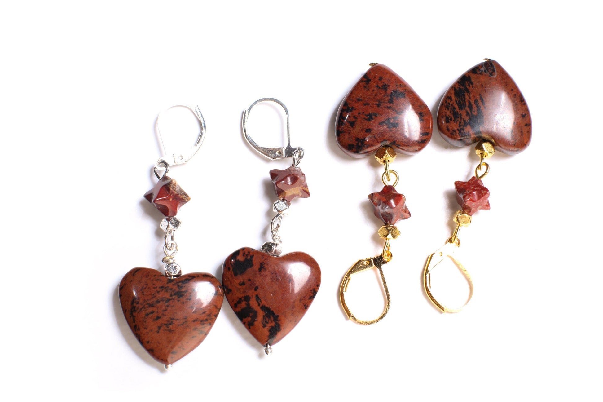 Mahogany Obsidian 20mm Large Heart, accent Poppy Jasper Star on top, Leverback Earrings, Vintage Natural Gemstone Handmade Gift For Her