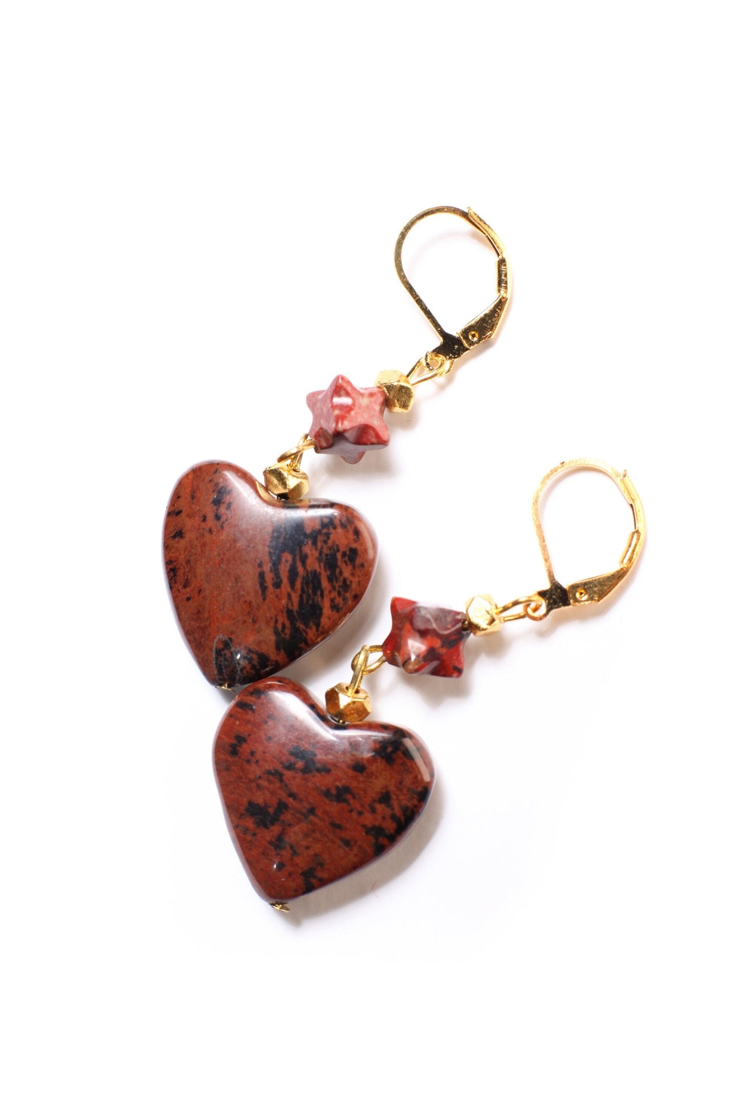 Mahogany Obsidian 20mm Large Heart, accent Poppy Jasper Star on top, Leverback Earrings, Vintage Natural Gemstone Handmade Gift For Her