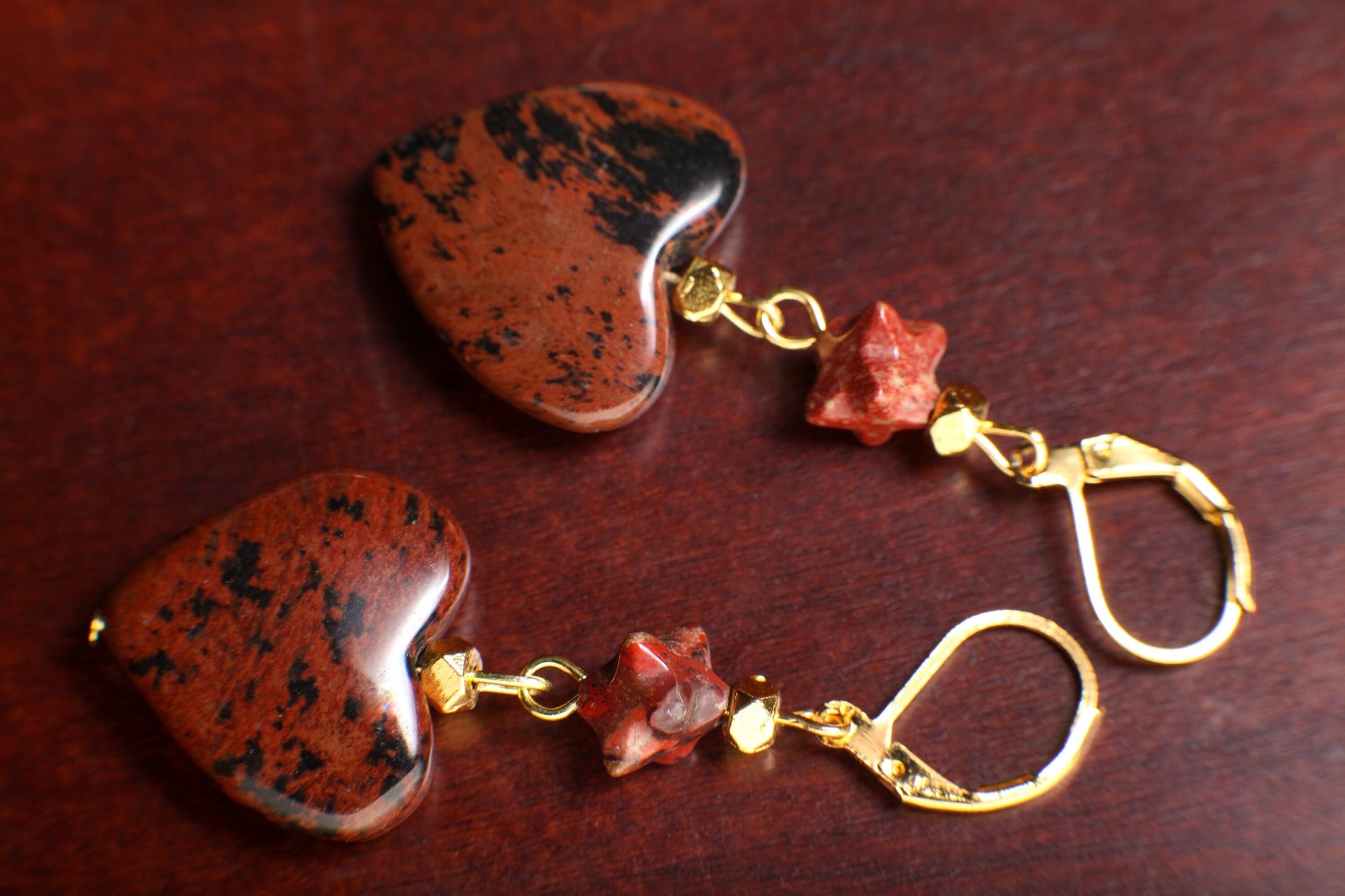 Mahogany Obsidian 20mm Large Heart, accent Poppy Jasper Star on top, Leverback Earrings, Vintage Natural Gemstone Handmade Gift For Her