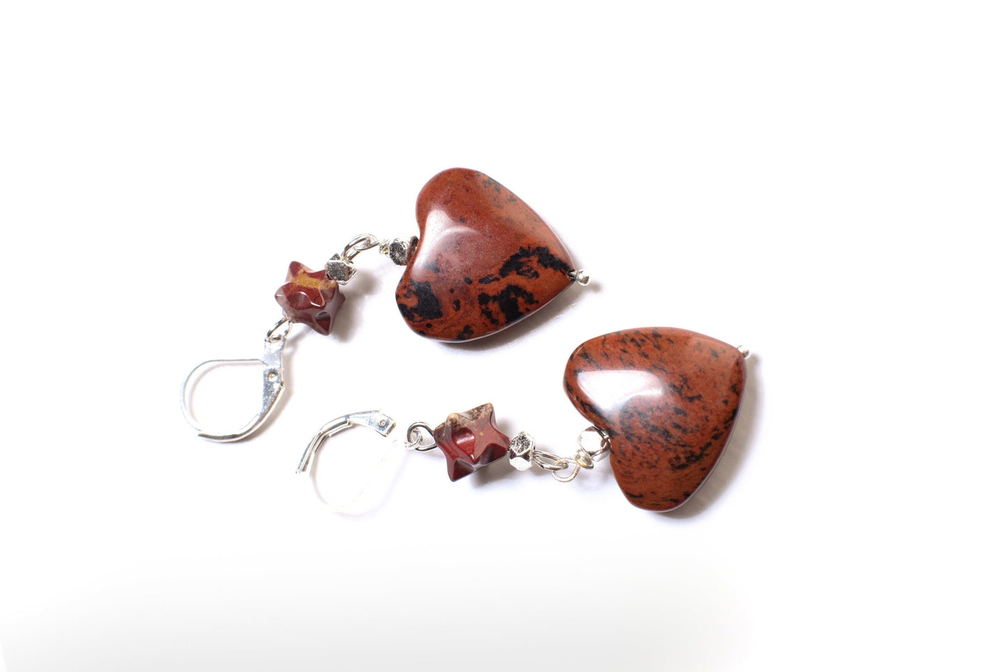 Mahogany Obsidian 20mm Large Heart, accent Poppy Jasper Star on top, Leverback Earrings, Vintage Natural Gemstone Handmade Gift For Her