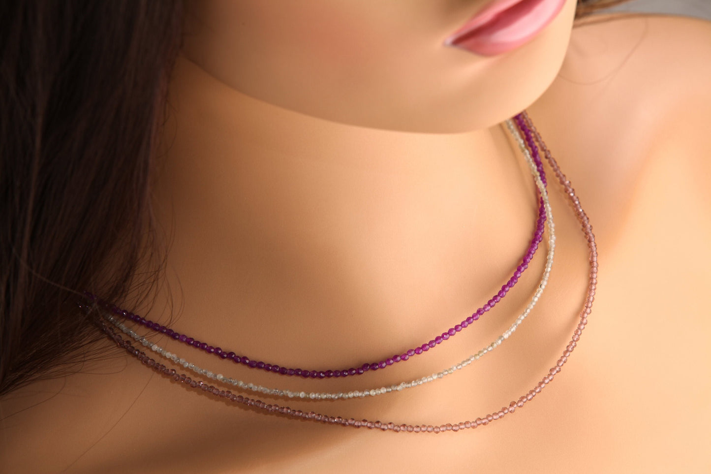 2mm Faceted Purple Amethyst, Labradorite, Pink Amethyst Layering Choker Necklace in 925 Sterling Silver or 14K Gold Filled Clasp