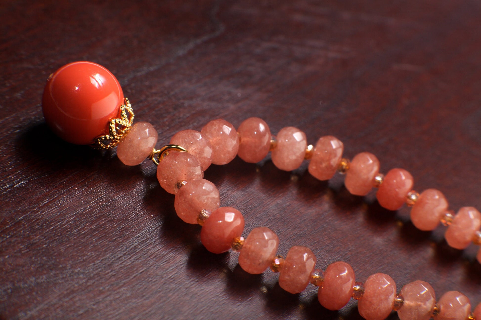 Peach Aventurine Faceted Rondelle Necklace with Salmon South Sea Seashell Pearl Pendant 17.5" Gold Necklace +2" Extension Chain