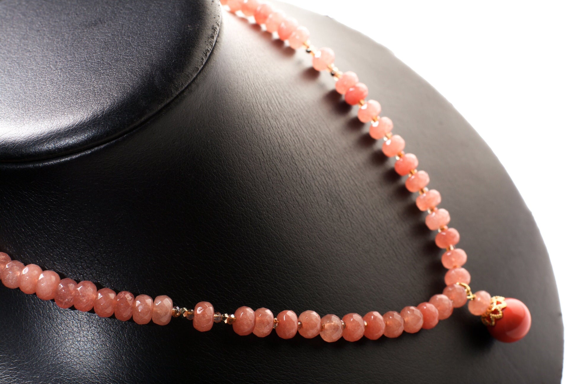 Peach Aventurine Faceted Rondelle Necklace with Salmon South Sea Seashell Pearl Pendant 17.5" Gold Necklace +2" Extension Chain
