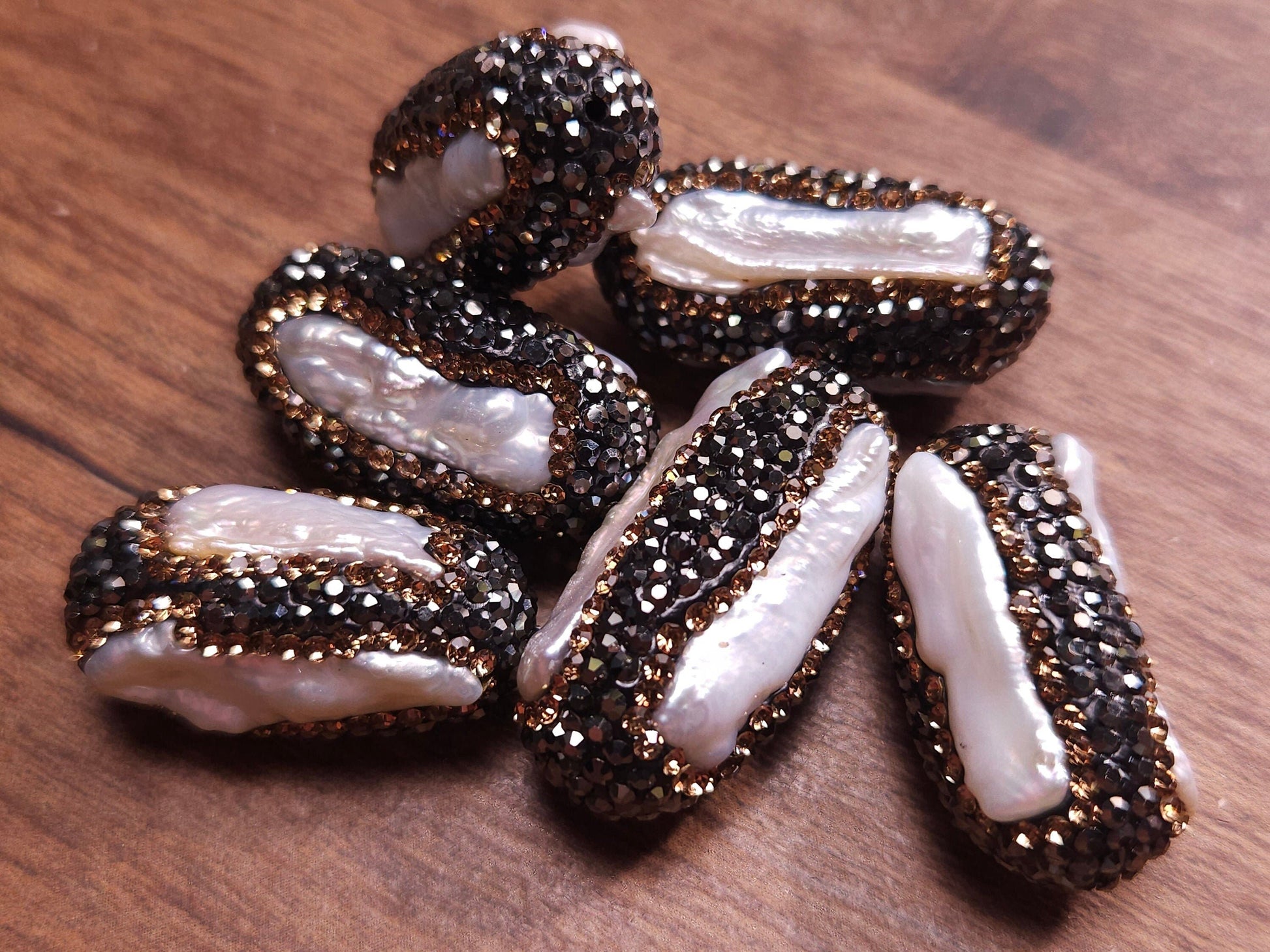 Freshwater Biwa Pearl 3 sided, Multiple Line Inlaid Rhinestone Crystal Handmade Fancy Focal Bead, 26mm Long, 1 pc, Jewelry Making Bling Bead