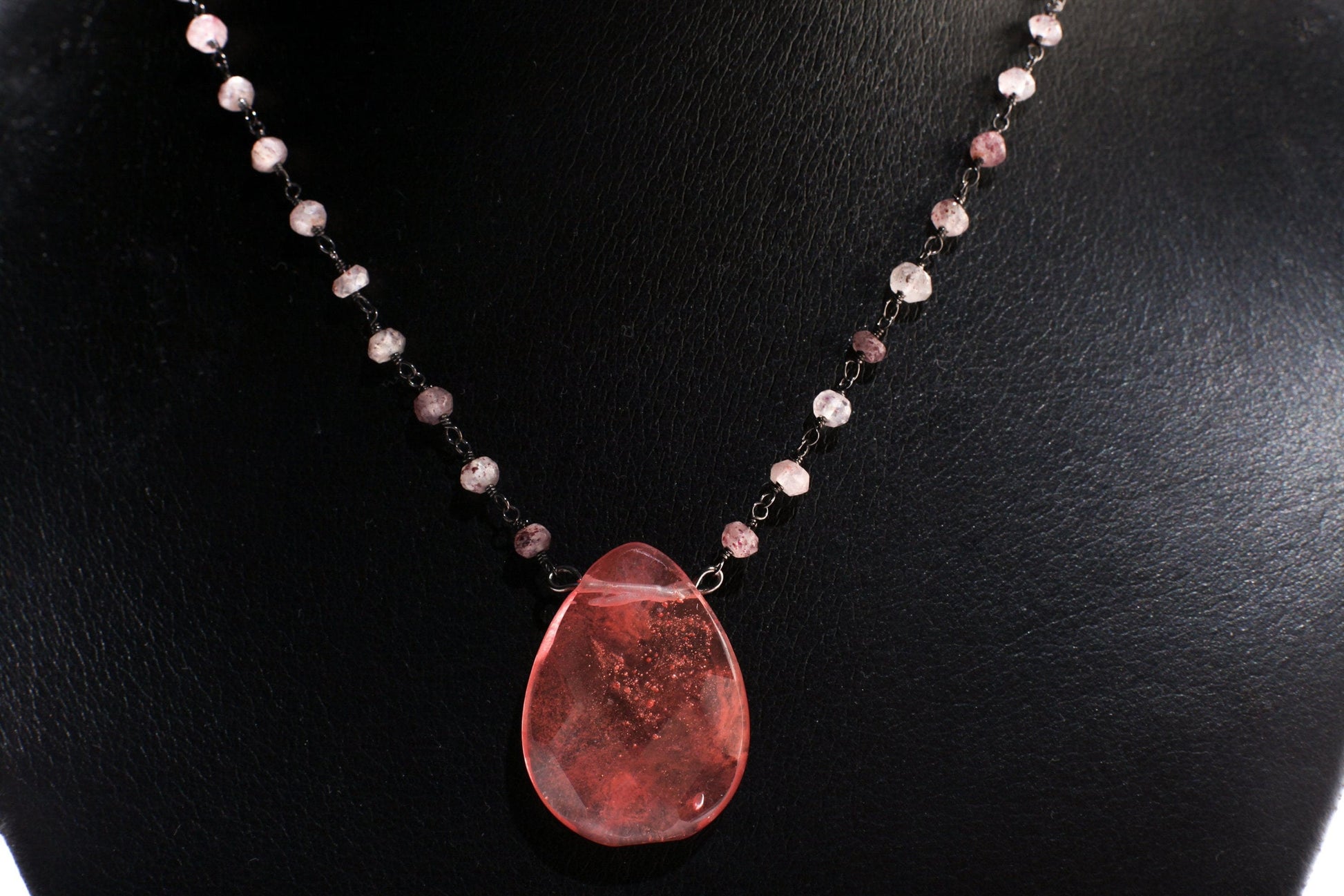 Strawberry Quartz Faceted Pear Drop Pendant in Strawberry Quartz Wire Wrapped Rosary Chain Necklace plus 3" Extension. Gift