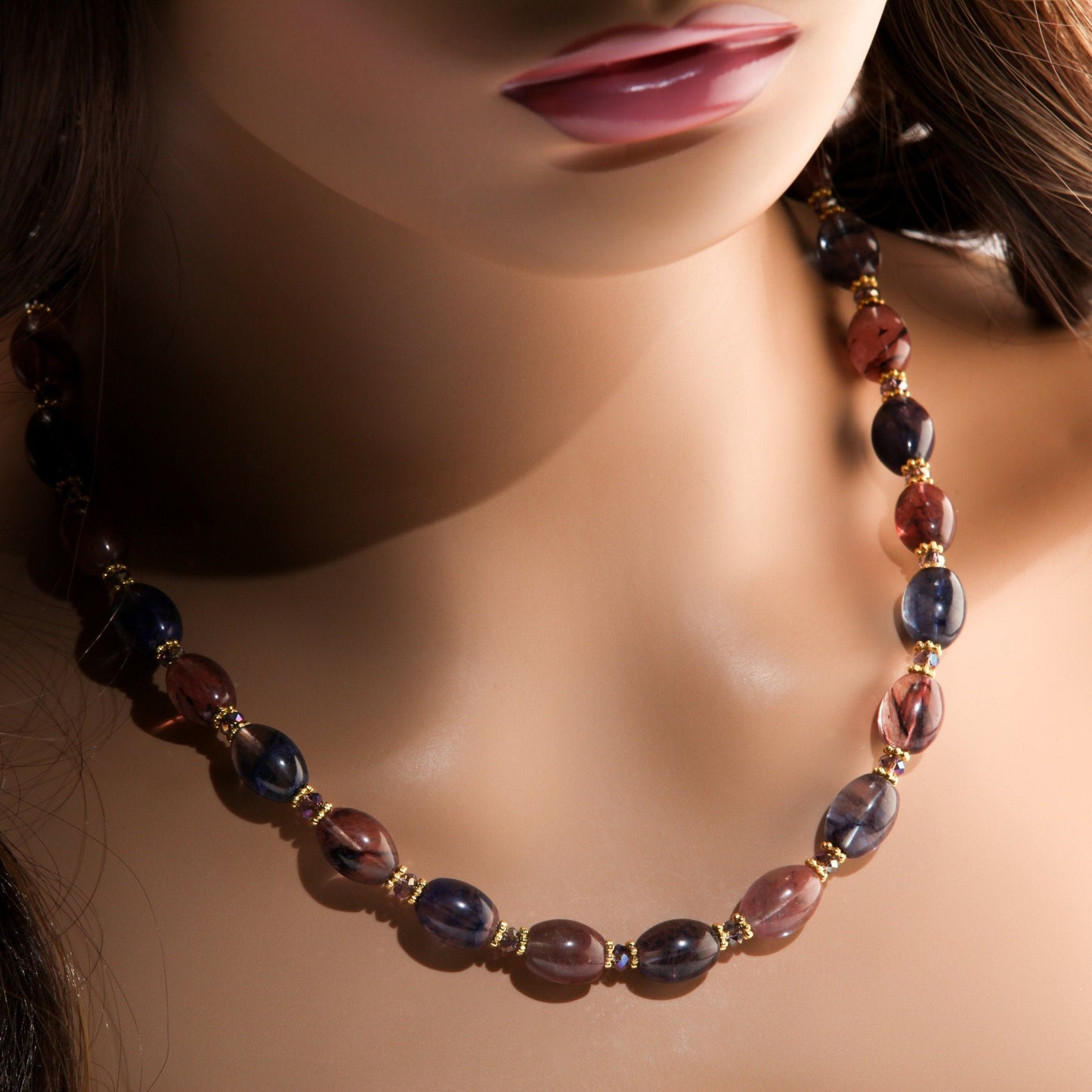 Bi Color Blueberry and Strawberry Quartz Puffed Oval Bali Style Gold Daisy and Crystal Spacers 19" Necklace, 1.5" Extension Chain
