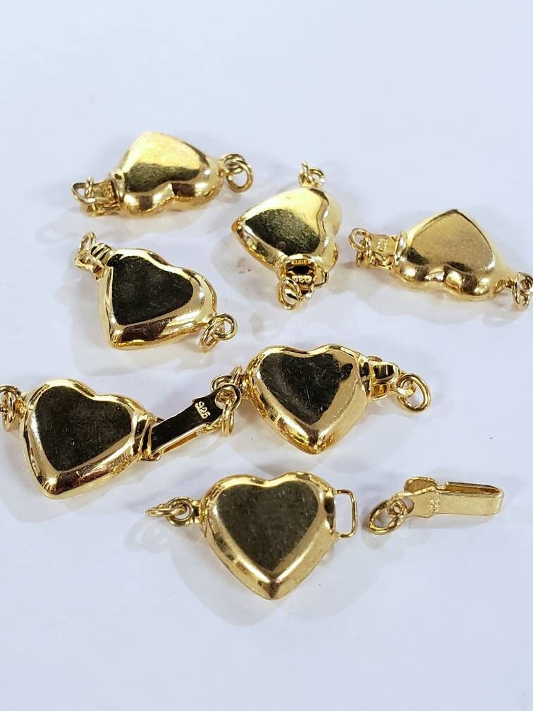 18k Gold Vermeil, 925 Sterling Silver 10mm heart shape push in safety Clasp. Fancy Clasp, 1 set. 10mm heart, with the ring 16mm heart.