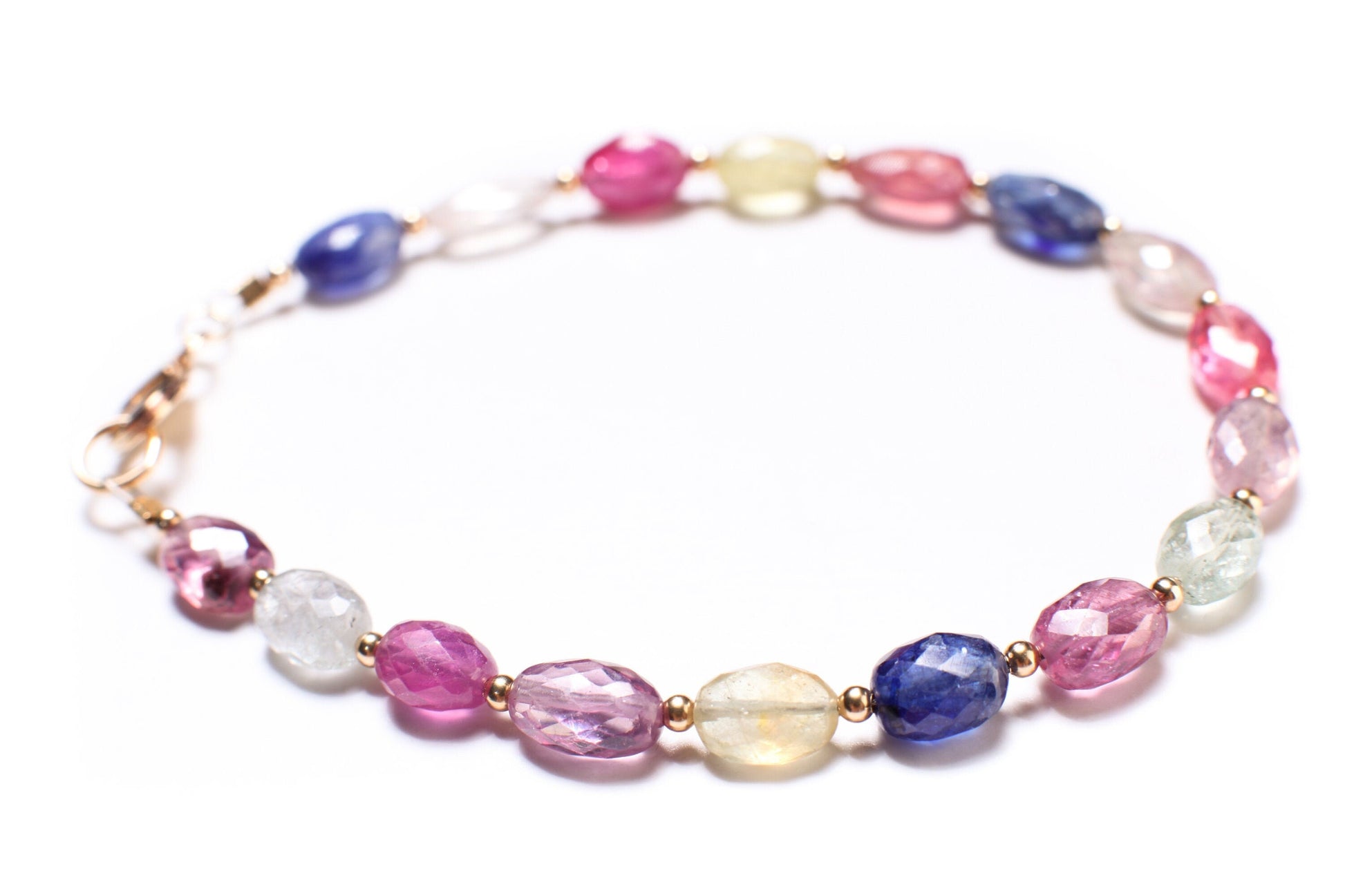 Natural Multi Sapphire 5x7mm Faceted Puffed Oval AAA clear quality Gemstone in 14k Gold Filled spacer and clasp Bracelet. Precious Gift .